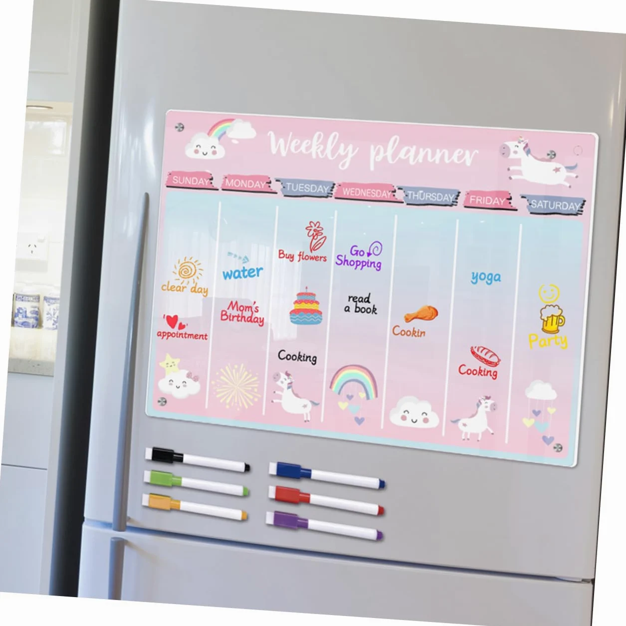 VILLCASE Lavagna Magnetica Acrilica Cancellabile a Secco per Frigorifero, Planner Settimanale Superficie Riutilizzabile e Design Colorato per Organizzazione Cucina