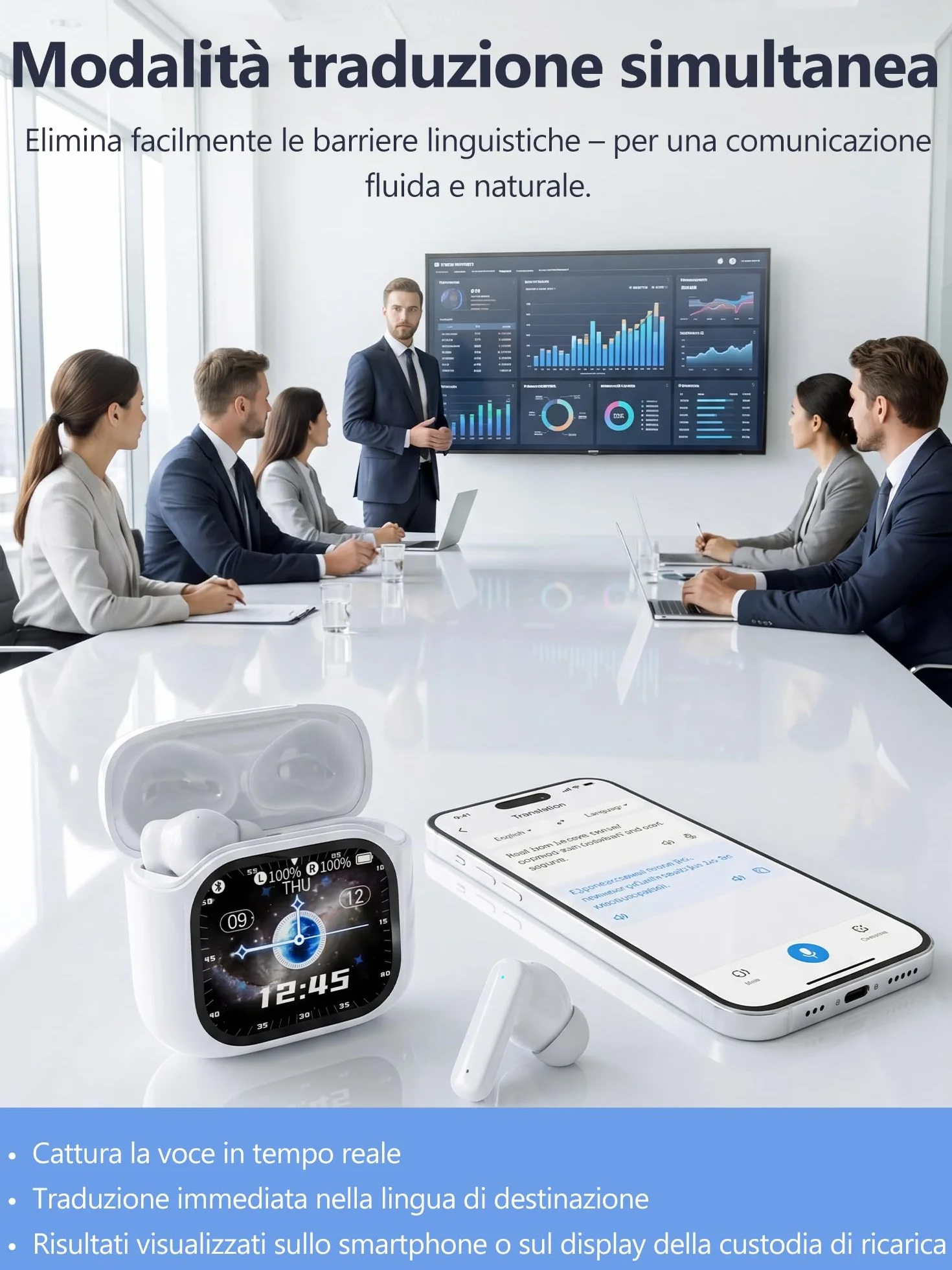 AI Cuffie Traduzione Simultanea Vocale：3-in-1 Bluetooth Auricolari Traduttore LCD Touch 156 Lingue - 7 EQ Asistente de IA e Telecomando per Foto – Isolamento Rumore In-Ear per Viaggi Studio Business