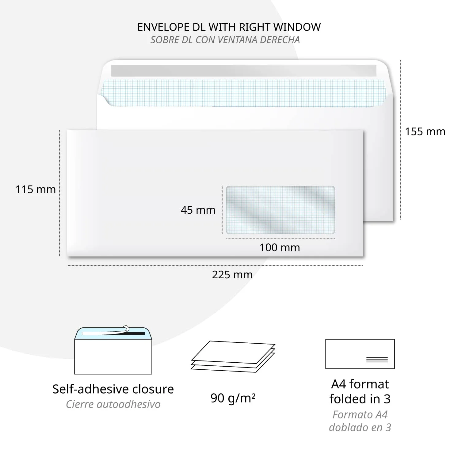 Sobres de Papel, Sobre Blanco Americano con Ventana Derecha, Medida 225 x 115 mm, Sobres Papel Blancos para Cartas y Documentos, Sobres 90 g/m² con Cierre Autoadhesivo · m-office (500 uds)