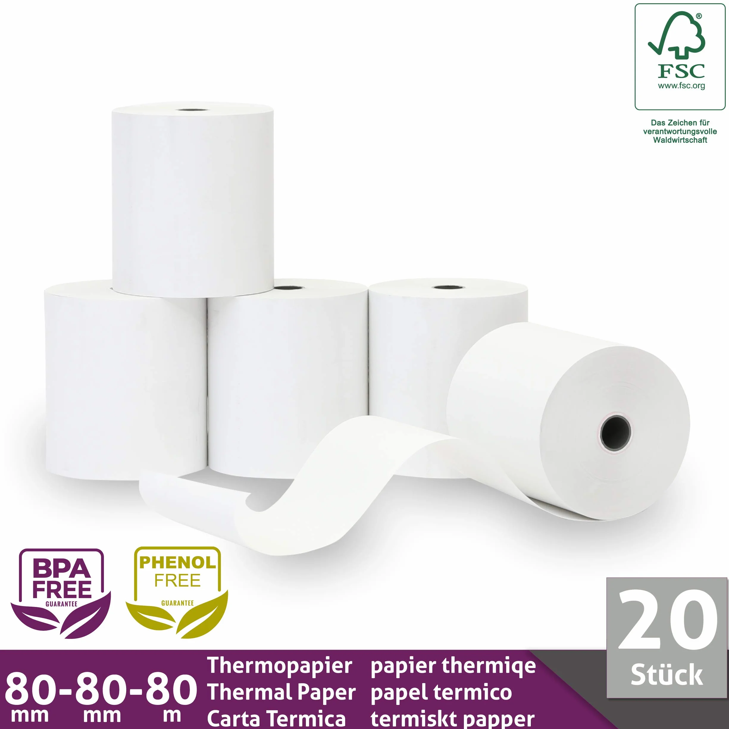 Rotoli Cassa 80x80 Termica Fiscale 80x80x12 80mm x 80m x 12mm [20x]
