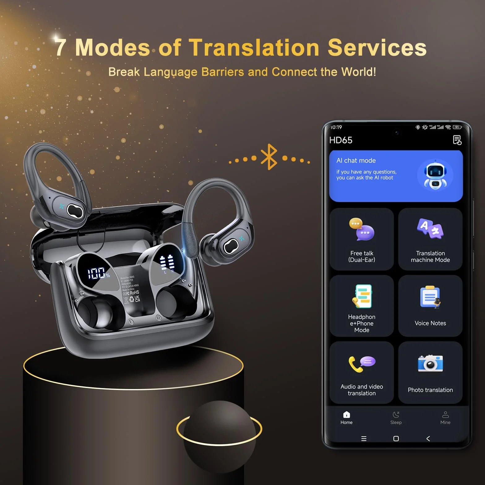 AI Cuffie Traduzione, 3 in 1 Bluetooth 5.4 Auricolari Traduzione con 164 Lingue/6 Modalità di Traduzion, 75 Ore Cuffie Traduttori Istantanei con APP, Auricolare bluetooth per Viaggi/Affari, Nero