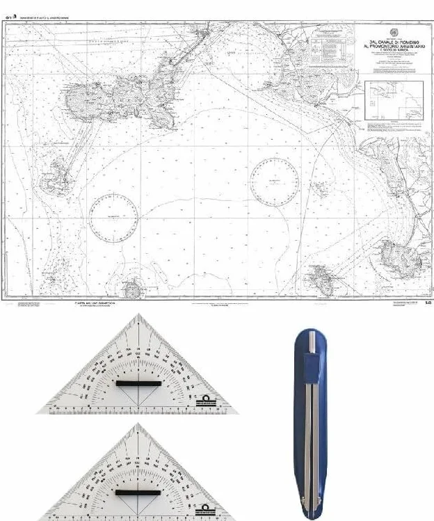 Kit Carteggio Nautico per Patente Nautica, Squadrette + Compasso + Carta 5D e 42D