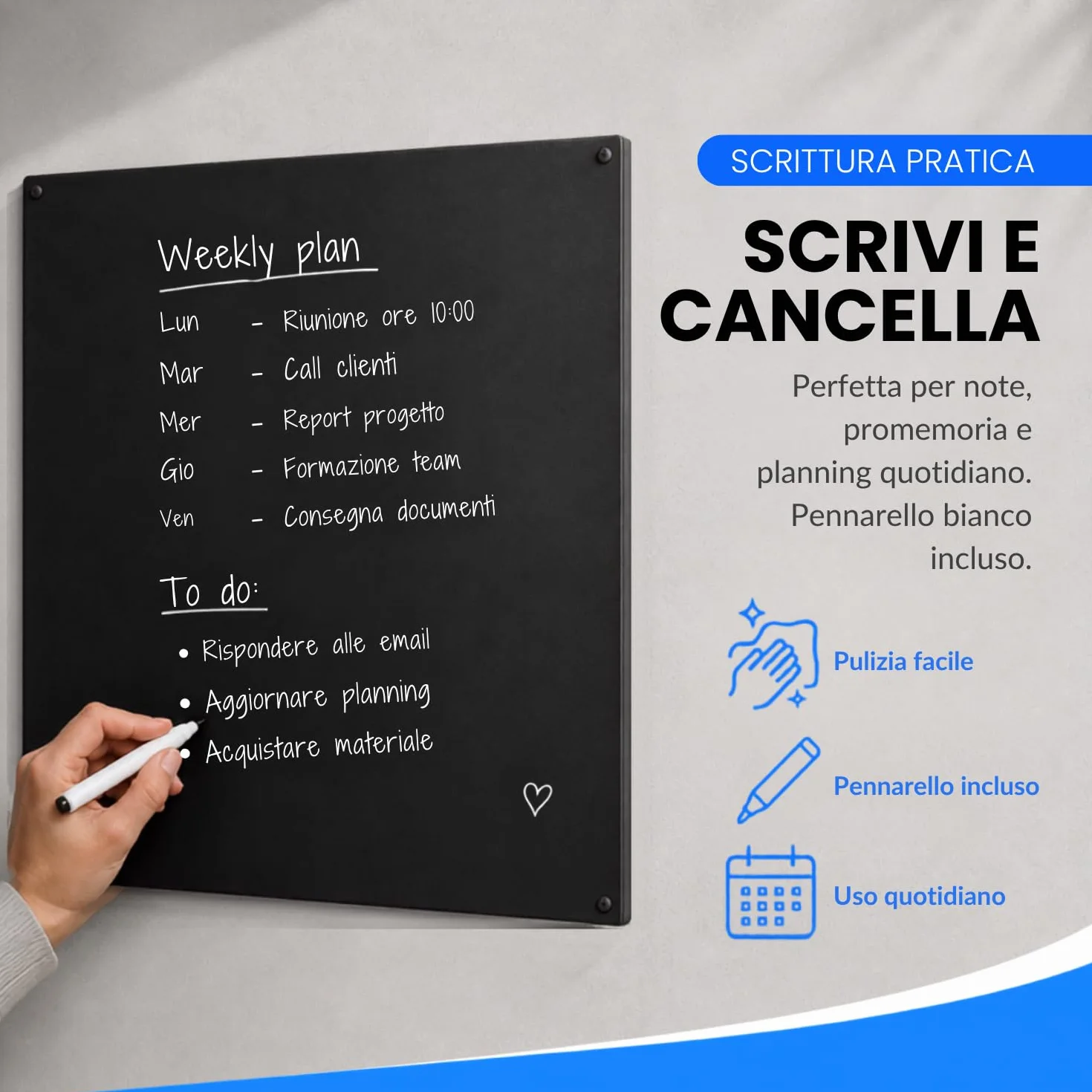 INOXLM lavagna magnetica da parete cancellabile in Acciaio, Nero 60x44cm, lavagna per calamite ideale per casa e ufficio, pennarello bianco incluso - Made in Italy