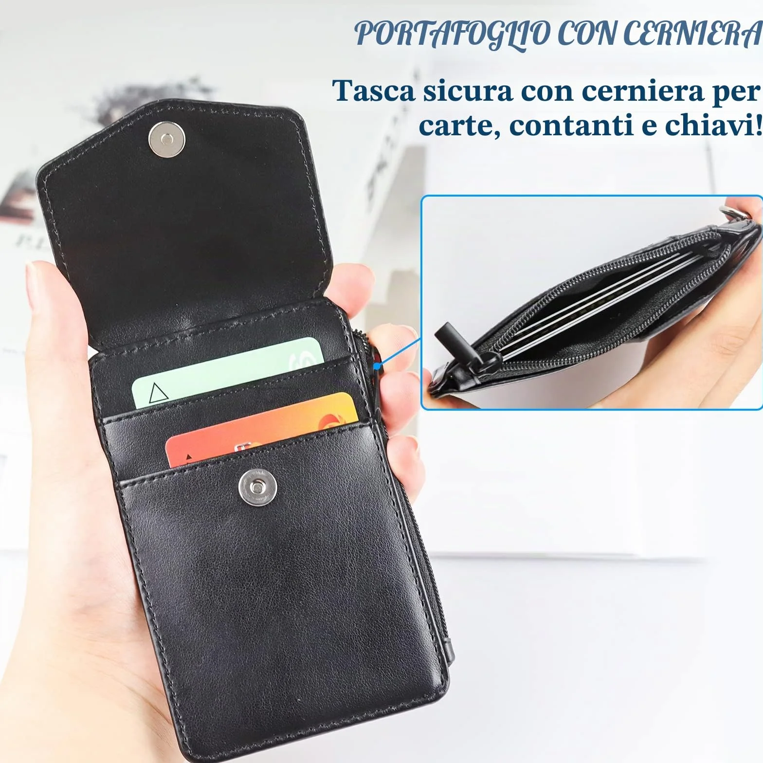 Porta badge in pelle con cordino e bobina retrattile, 4 scomparti per carte d'identità, tasca con cerniera
