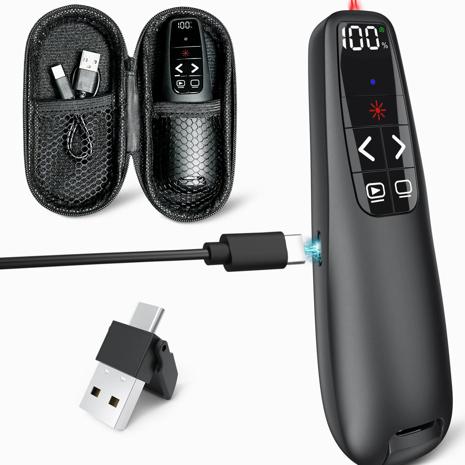 Pulsante wireless per presentazioni con puntatore rosso, Power Smart Digital Display PowerPoint Presenter Remote, USB C ricaricabile A Google Slide Advancer per Mac Laptop PC Computer Keynote