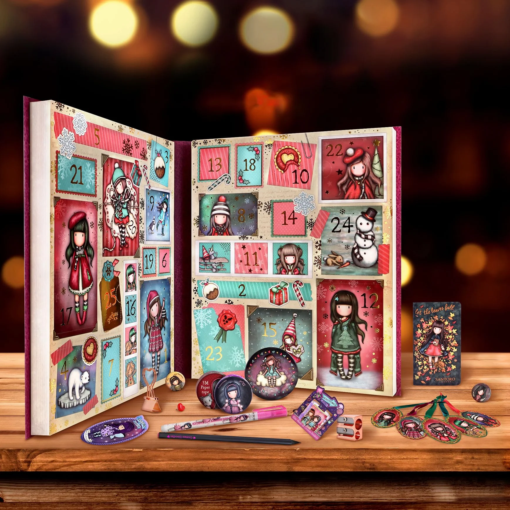 SANTORO Gorjuss Calendario dell'Avvento 2023, calendario natalizio con 25 sorprese tra cui quaderni, penne, nastro di carta, cancelleria e spilla smaltata, regalo per ragazze, bambini, allegro e