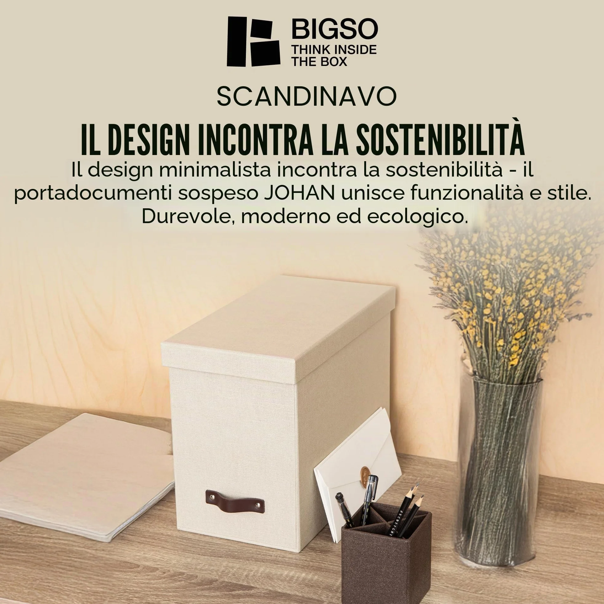 Bigso Box of Sweden Contenitore per documenti con coperchio - Raccoglitori da scrivania con 8 cartelle sospese - Raccoglitori documenti in fibra di legno e carta effetto lino - beige