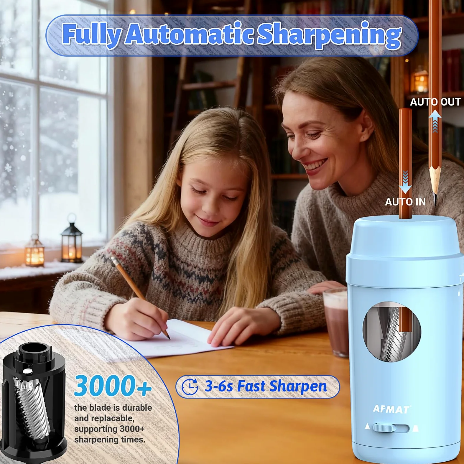 AFMAT Temperamatite elettrico completamente automatico, ricaricabile, con contenitore per matite sottili da 7-8 mm, auto in e out, temperamatite elettrico per casa, ufficio, scuola, blu, PSX8