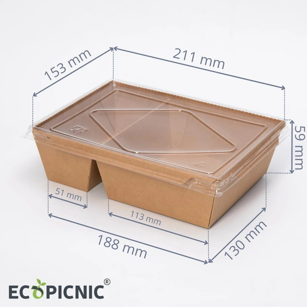 Lanchbox Carta Kraft Coperchio Trasparente 2 Scomparti 1600 ml Confezione 50 Pezzi Scatole Alimenti Asporto