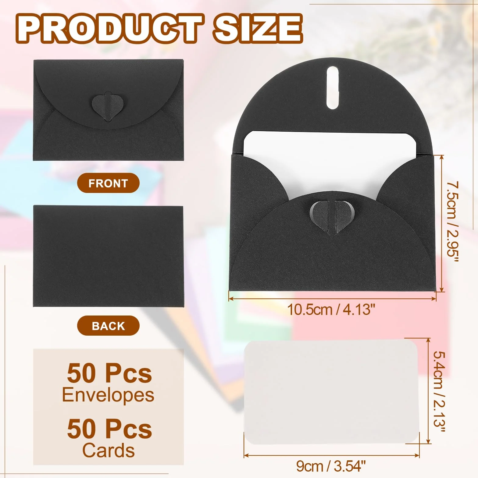 PATIKIL 50 Set Mini Buste Con Chiusura A Cuore 4.1x3" Biglietti Bianchi Con Buste Per Regali Inviti Matrimonio Laurea Vacanze Ringraziamento Natale Nero