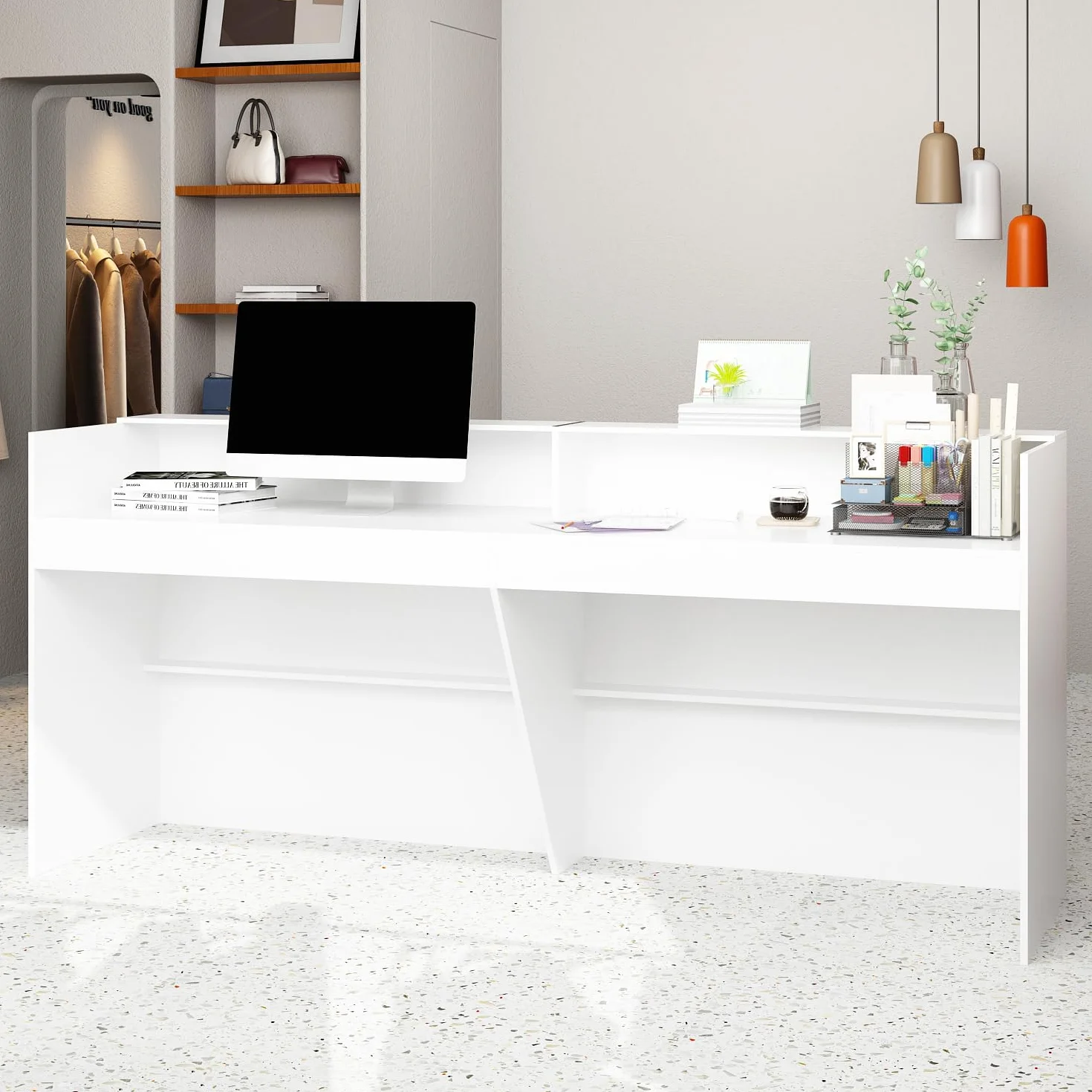Banco di Ricevimento Con Grande Superficie di Lavoro, Bancone Della Reception, Tavolo da Ufficio Con Protezione per la Privacy, Bianco, 220 x 60 x 100 cm