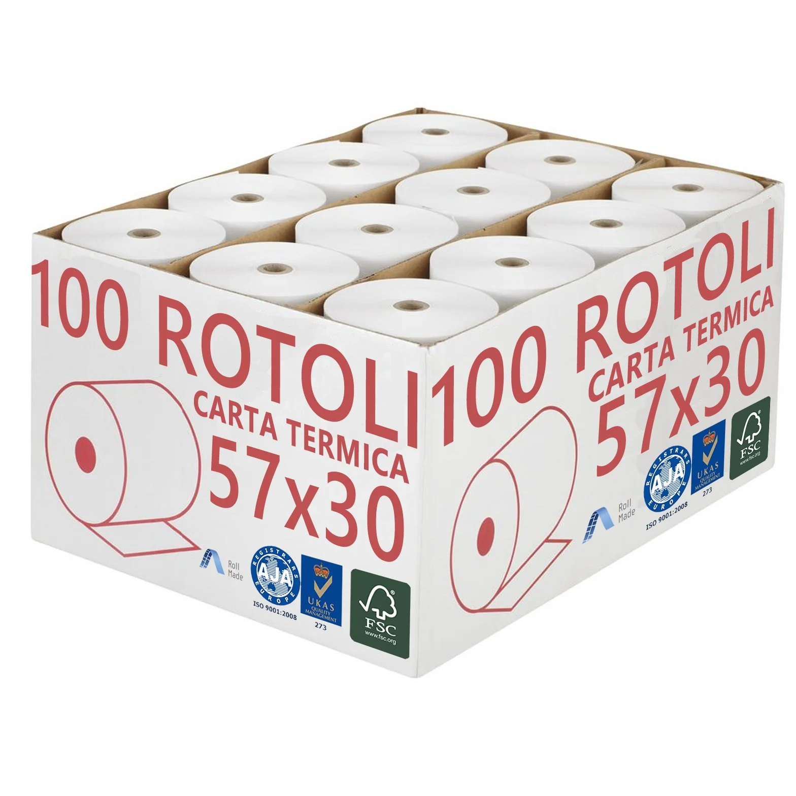 100 Rotoli Termici 57x30 mm Carta Termica per Registratore di Cassa