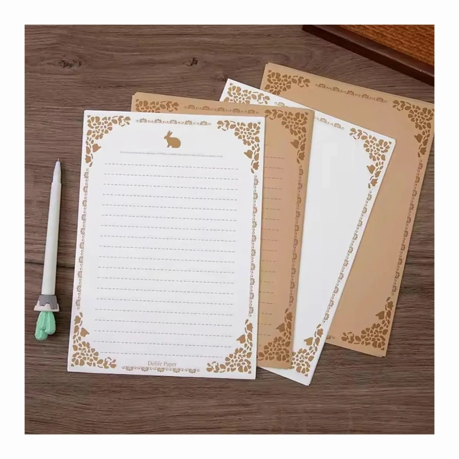 Carta Da Lettere Elegante Design floreale vintage da 100 pezzi | Set di carta da lettere Kraft in carta intestata, materiale scolastico for ufficio, carta da lettere di cancelleria(10)