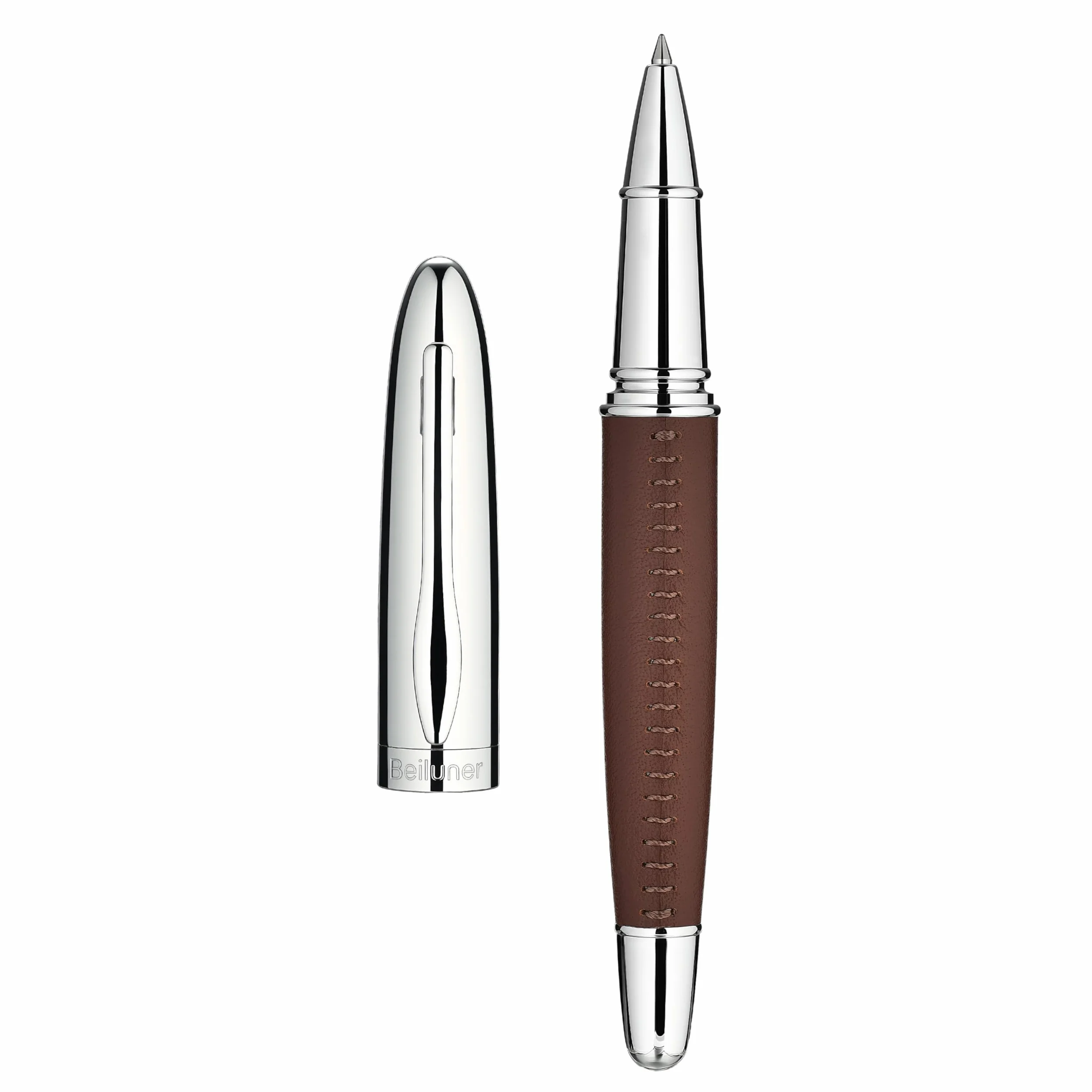BEILUNER 318 Penna Rollerball di Lusso in Pelle, Pelle Premium Cucita a Mano & Finitura Cromata, Ricambio Schmidt, Miglior Set Regalo Manageriale per Uomo e Donna, Penna Riempiibile - Marrone