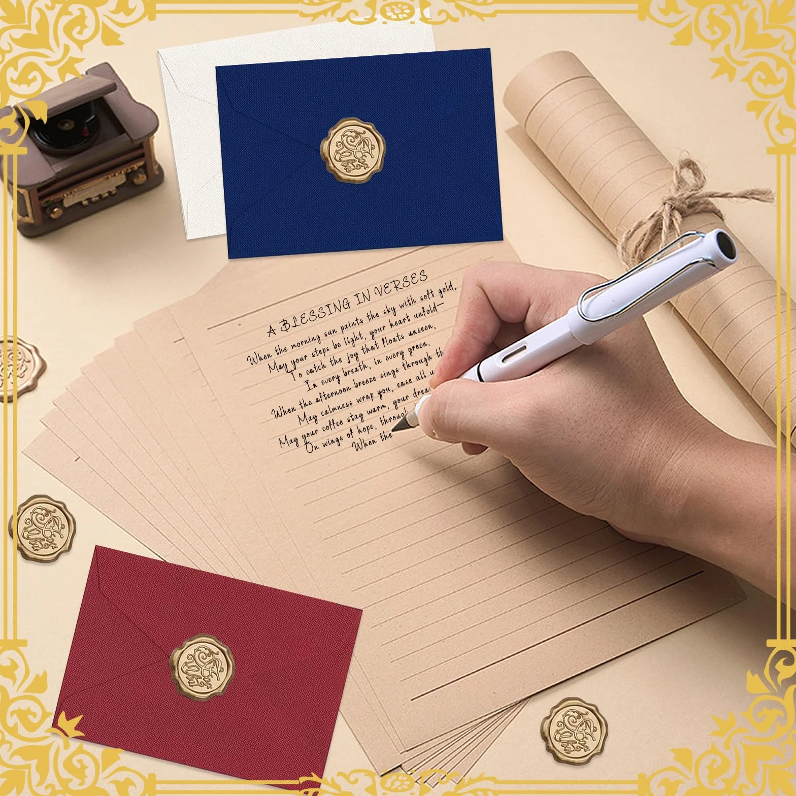 Set di Carta da Lettere Vintage 38 Pezzi, Buste in Lino con Sigillo di Cera, A5 Kraft per Inviti Nozze