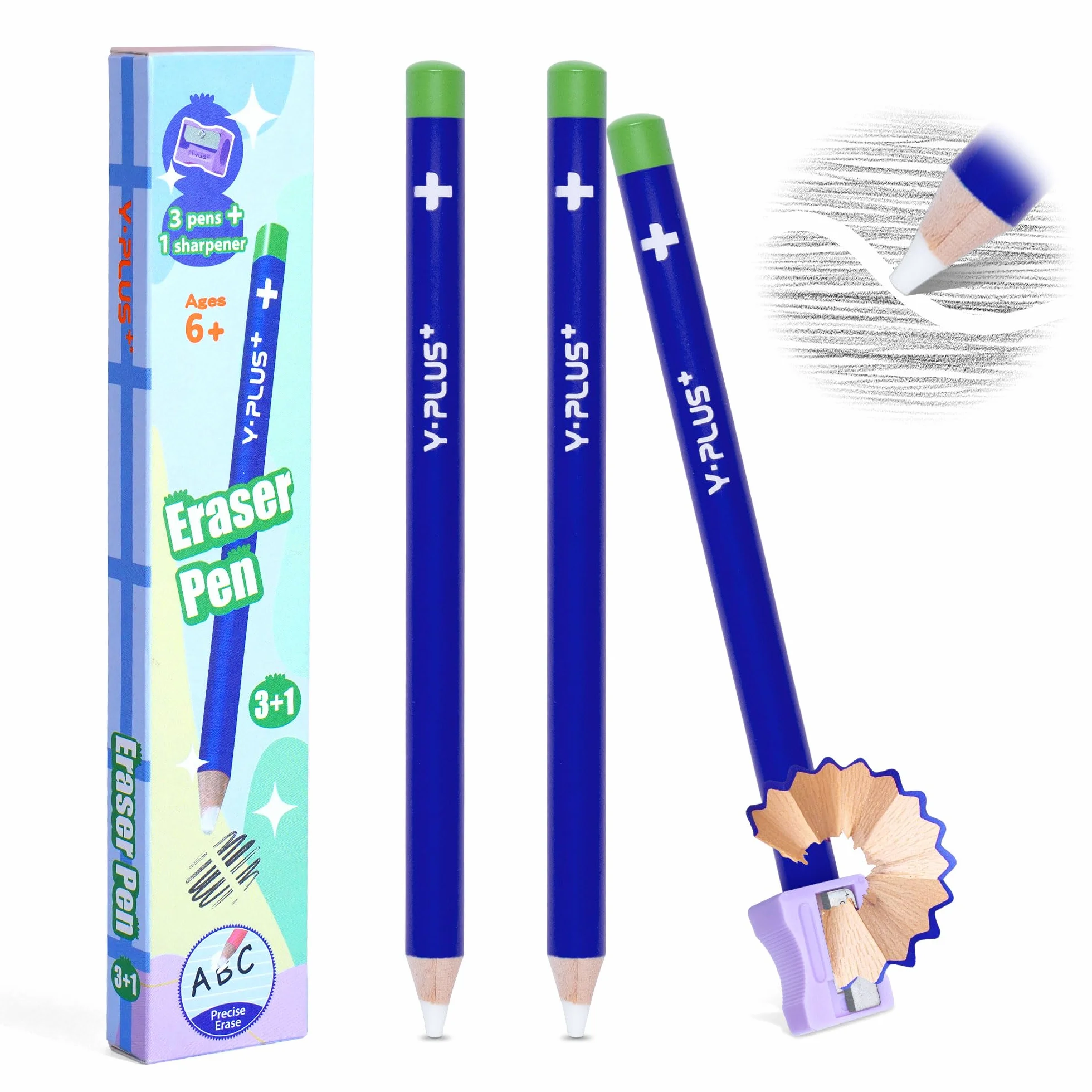 YPLUS Gomma a Penna Retrattile Set di 3 Gomme Affilabili con Temperino Integrato Blu