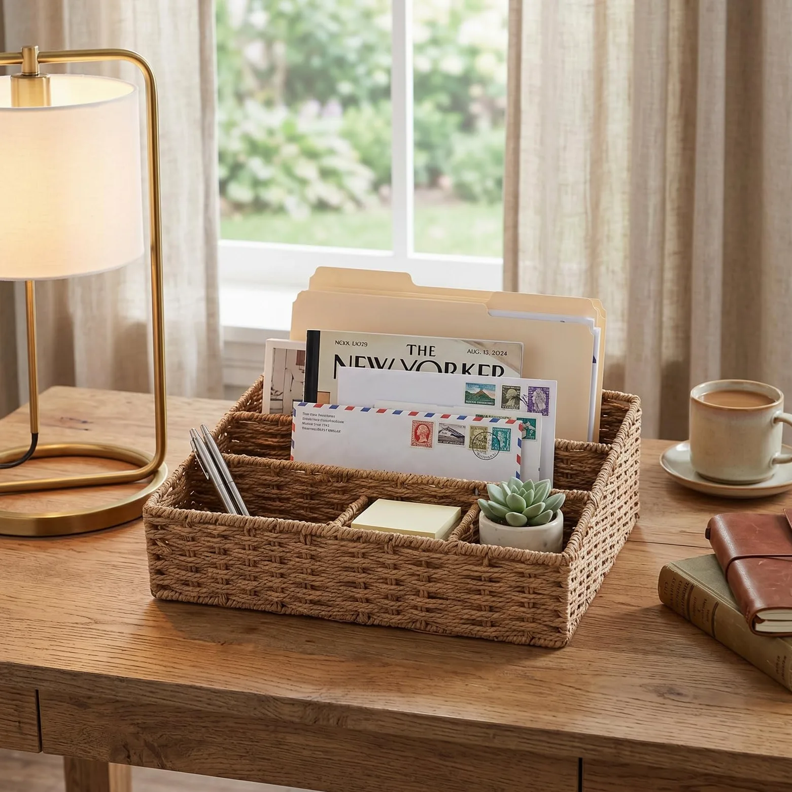Jectse Organizer Posta in Tessuto Portafile Da Scrivania, 2 Pezzi, for | Organizer da scrivania in rattan naturale con struttura in ferro per forniture per ufficio, vassoio per lettere, contenitore