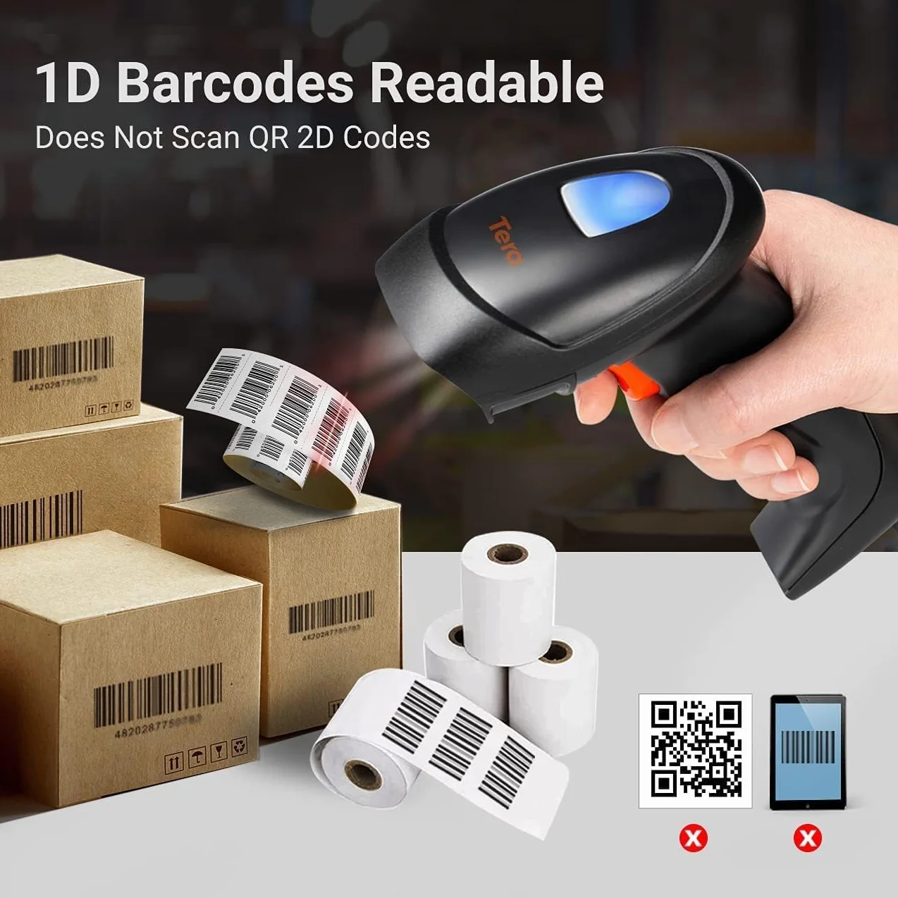 Tera Barcode Scanner Wireless 2,4GHz Lettore di Codici a Barre per 1D Laser con Stazione di Ricarica, Modello di Aggiornamento 6100