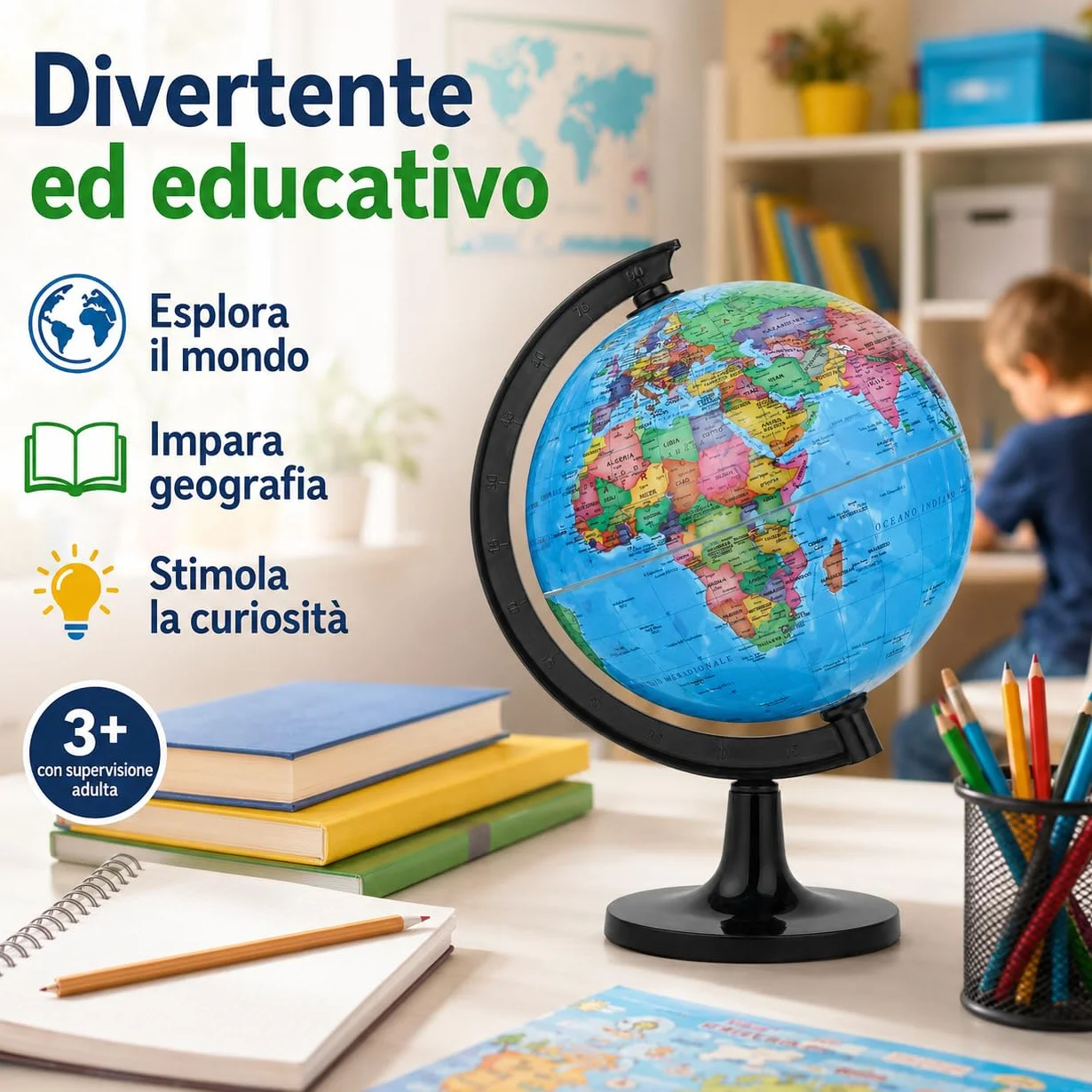 Mappamondo 14 cm Mappa Italiana Base Nera Exerz