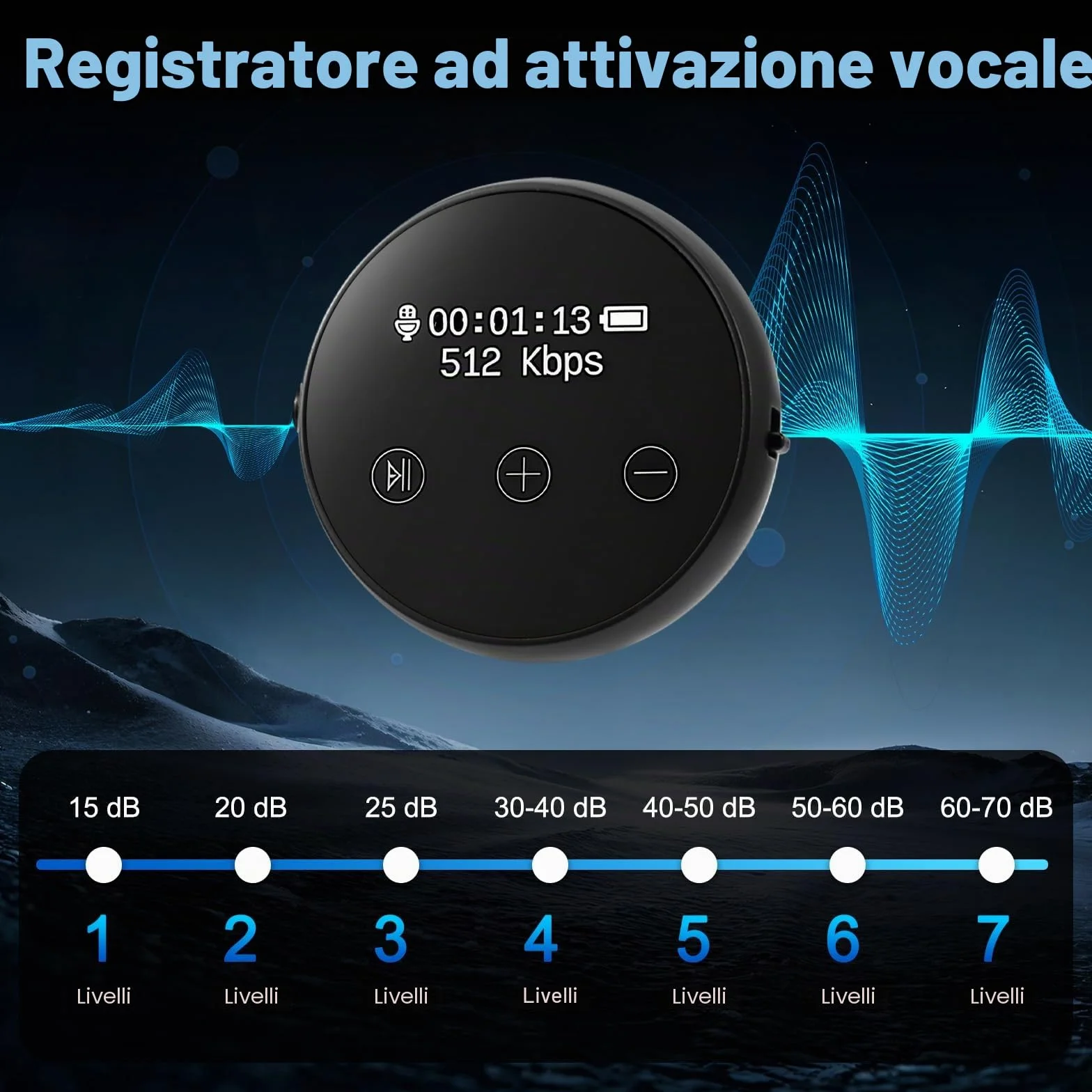 Dittafono digitale, 64 GB, 3072 Kbps, attivazione vocale, riduzione del rumore, ricarica USB, magnetico
