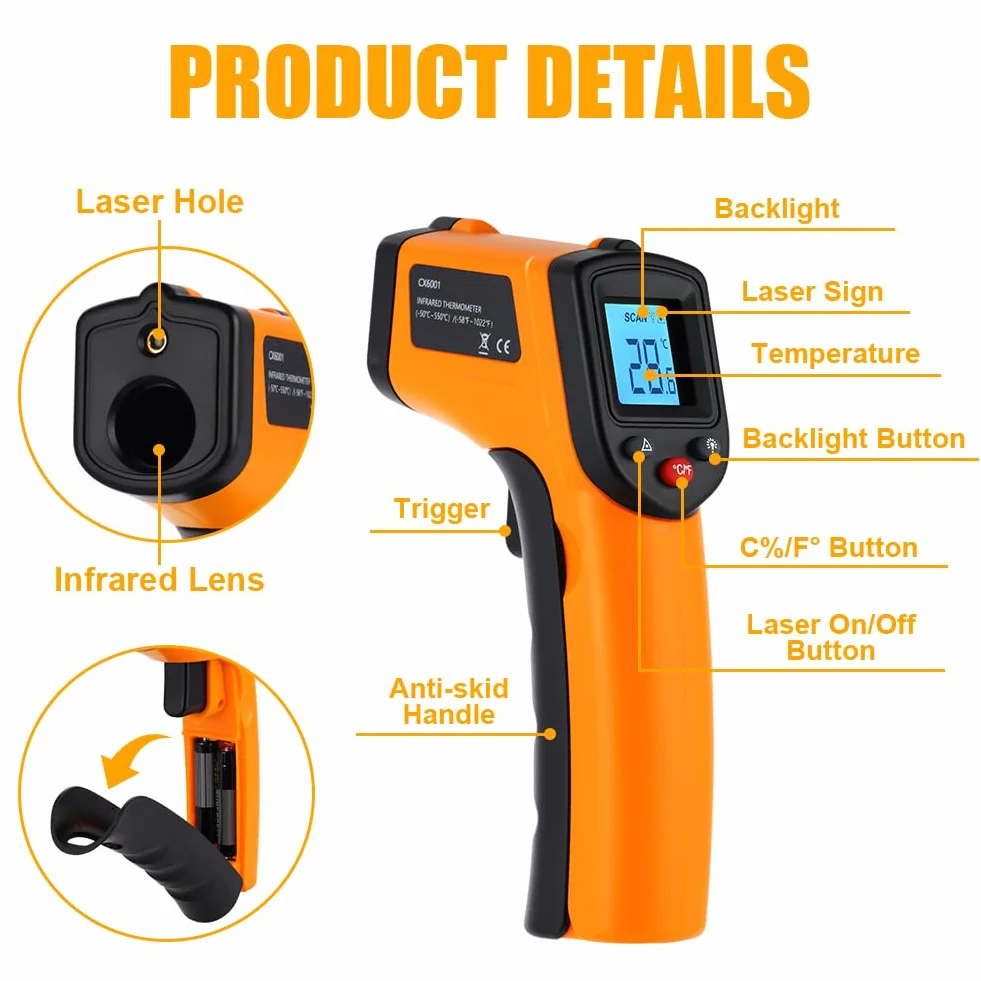 Termometro a Infrarossi -50°C ~ 550°C Pistola Termica Digitale Laser Senza Contatto Display LCD