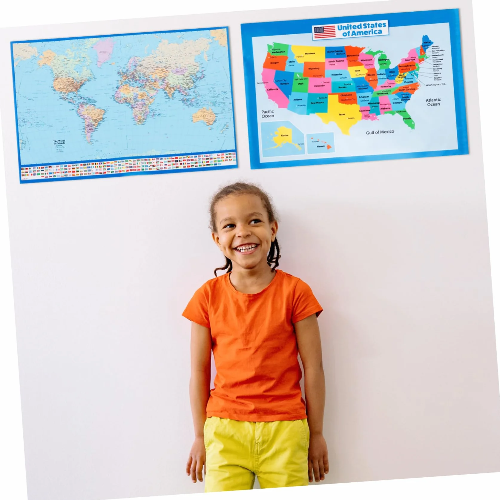 Veemoon Poster Educativo Mappa Del Mondo e Stati Uniti 40x60 Cm Set 2 Pezzi