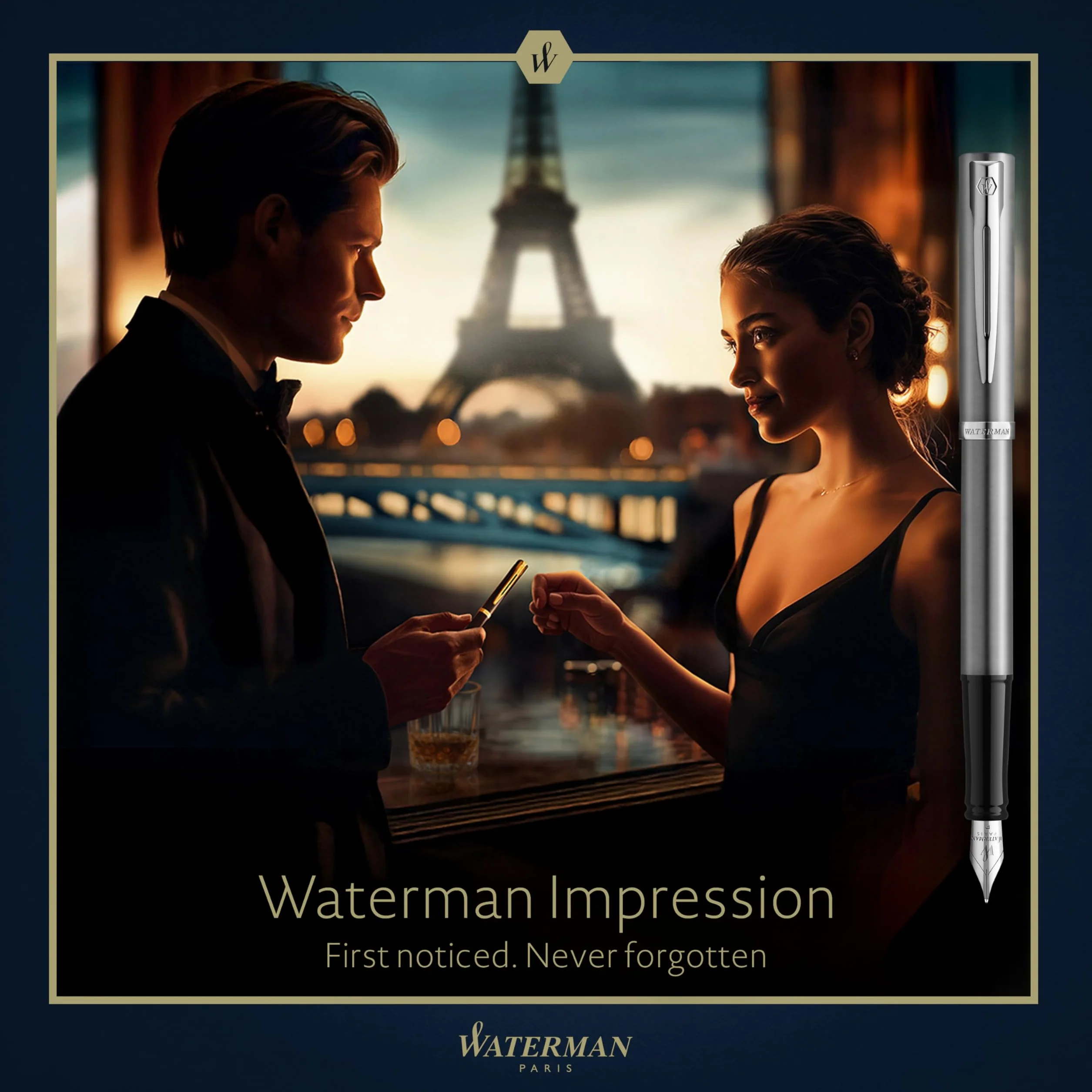 Waterman Impression Penna Stilografica | Pennino Fine con Ricarica di Inchiostro Blu | Acciaio Inossidabile con Rifiniture Placcate in Palladio | Confezione Regalo