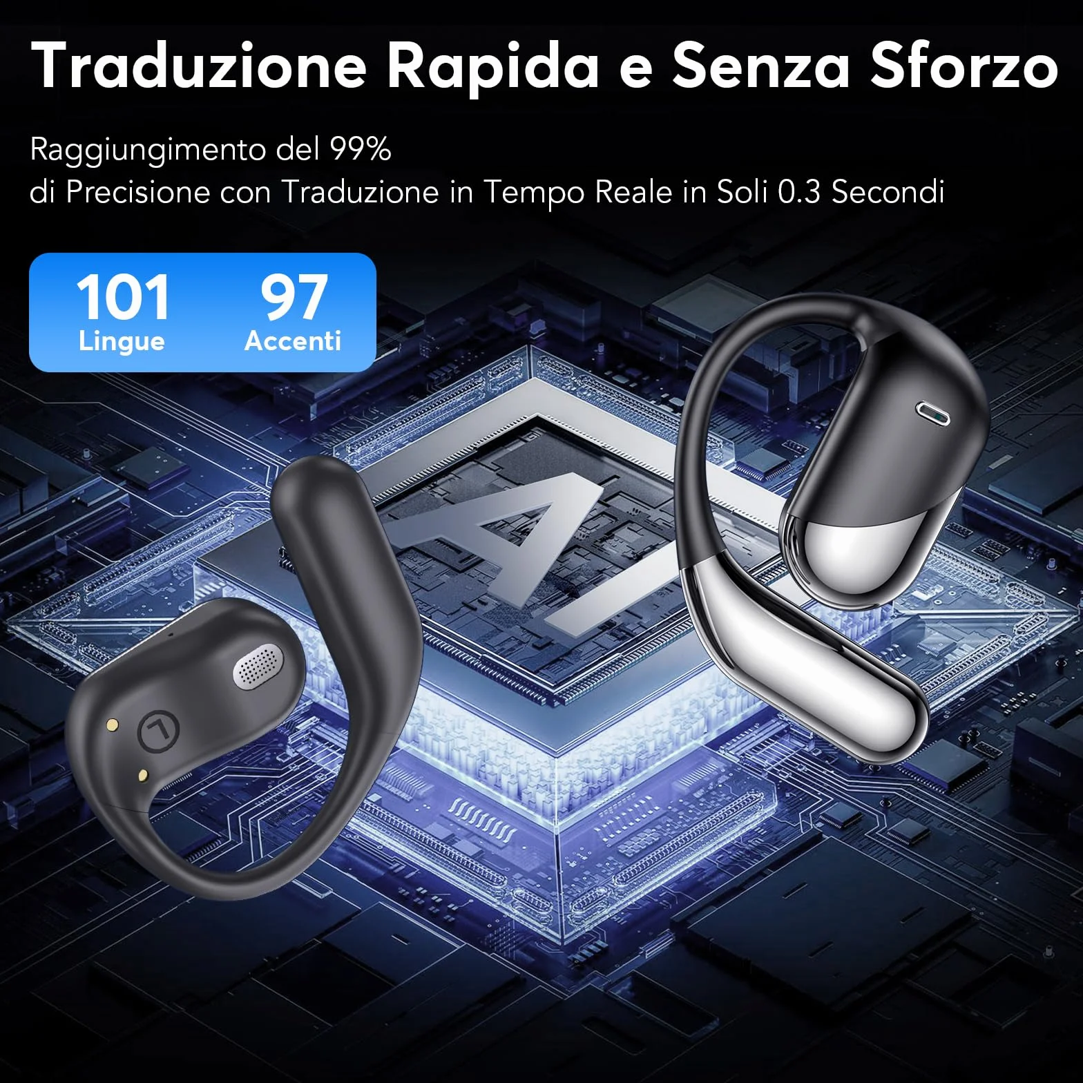 Paekole AI Cuffie Traduzione Simultanea, 2026 Auricolari Bluetooth 6.1 Wireless, 4 in1 Cuffie Traduzione Bluetooth 60 ore con ENC, 198 Lingue Auricolari Traduttori Istantanei Vocali Gratuite