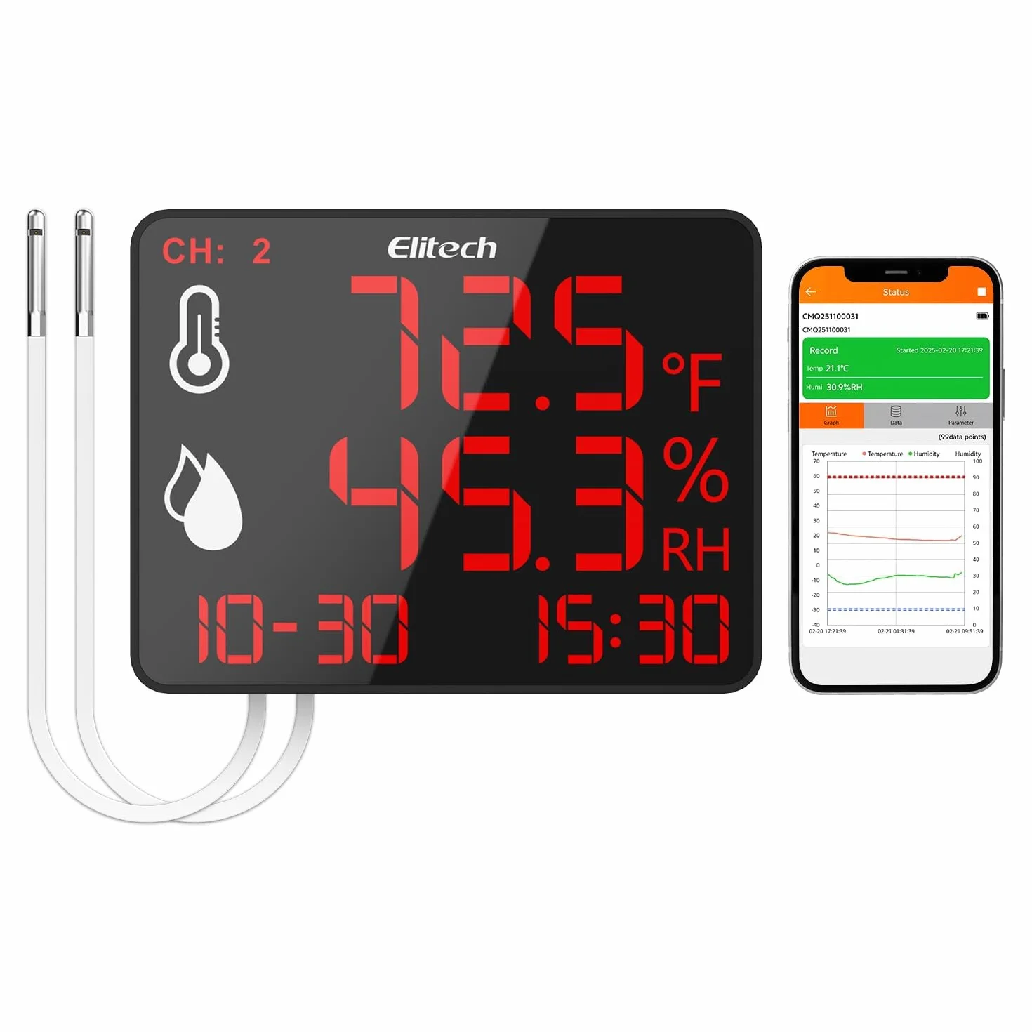 Elitech DR-230-THDE Termometro Igrometro Digitale con Doppia Sonda Esterna 2x2m Bluetooth 30000 Punti