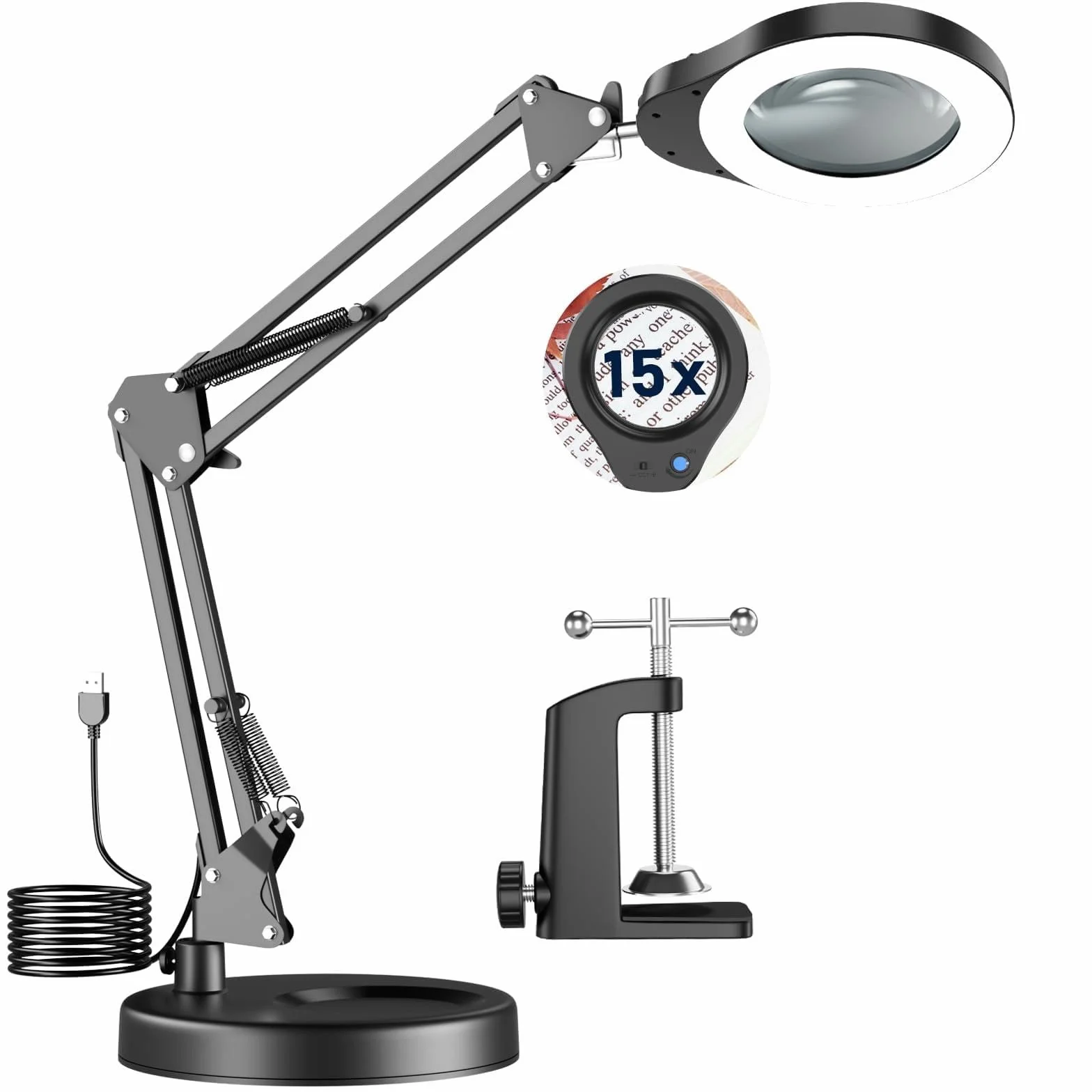 Lampada d'Ingrandimento 15X con Luce, 2 in 1 Base Larga e Clip, 5 Modalità Colore, Collo d'Oca Flessibile