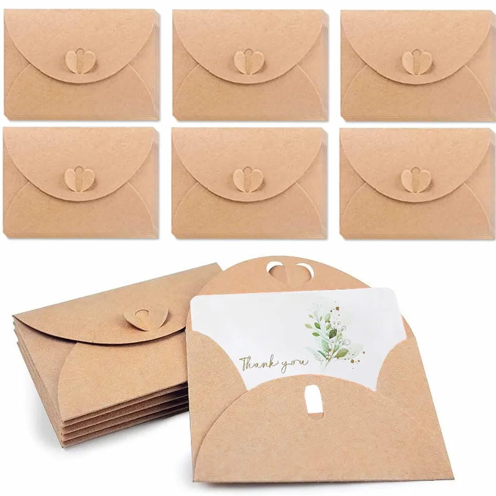 Buste in Carta Kraft 100 Pezzi 10 x 6 cm con Chiusura a Cuore per Partecipazioni Matrimonio
