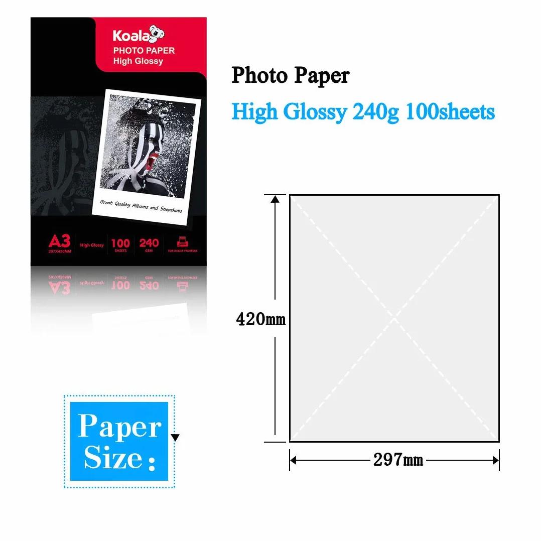 KOALA Carta Fotografica A3 240 g/m² 100 fogli per stampante Canon HP Epson