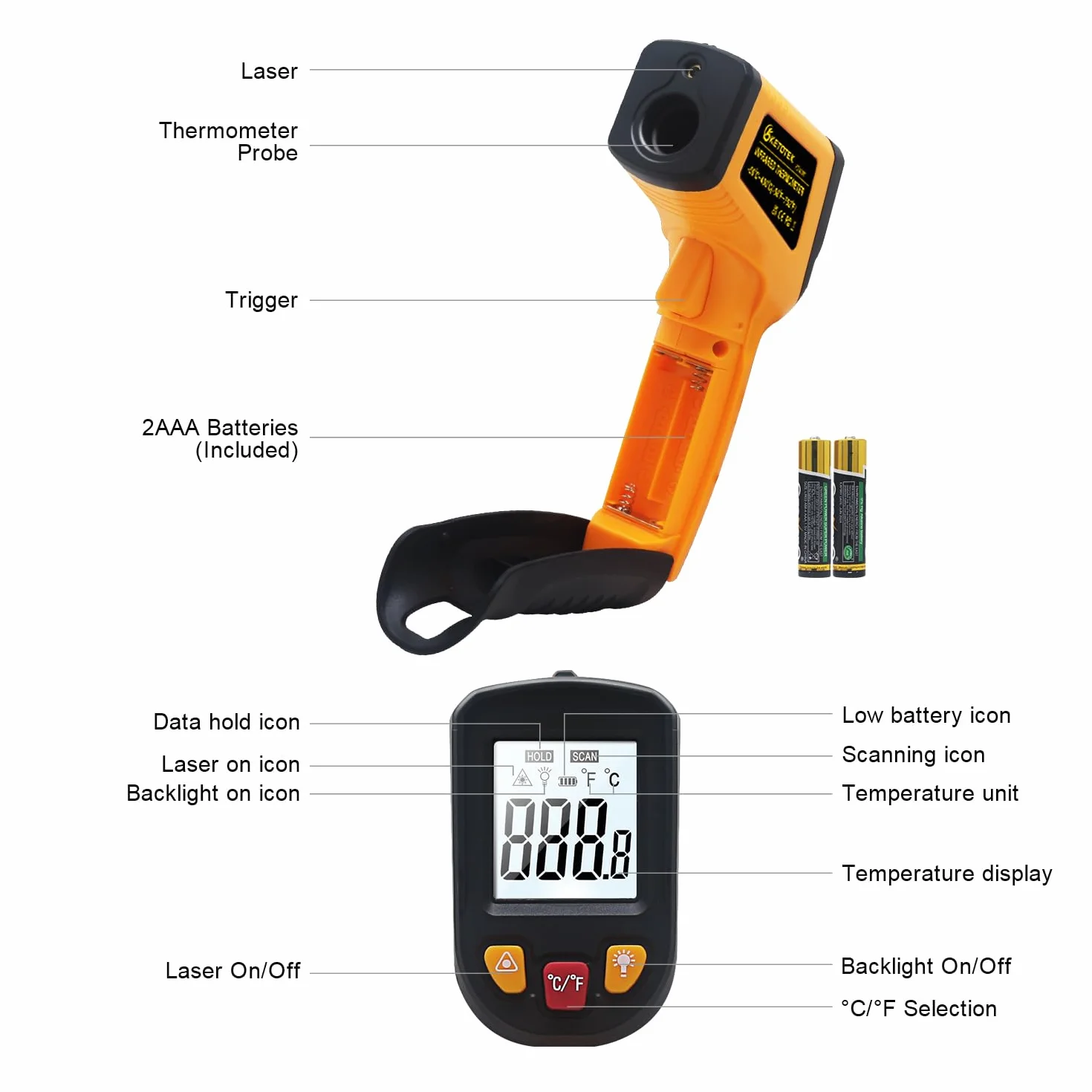 KETOTEK Termometro Laser Infrarossi Digitale -50℃-600℃ Punto laser Senza contatto Batterie AAA incluse Giallo