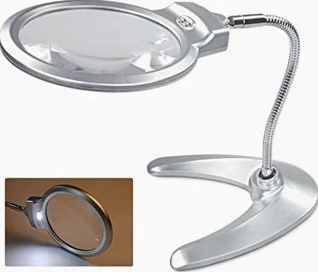 Lente d'ingrandimento da tavolo con luce LED e supporto, design pieghevole a mani libere per una lettura ravvicinata