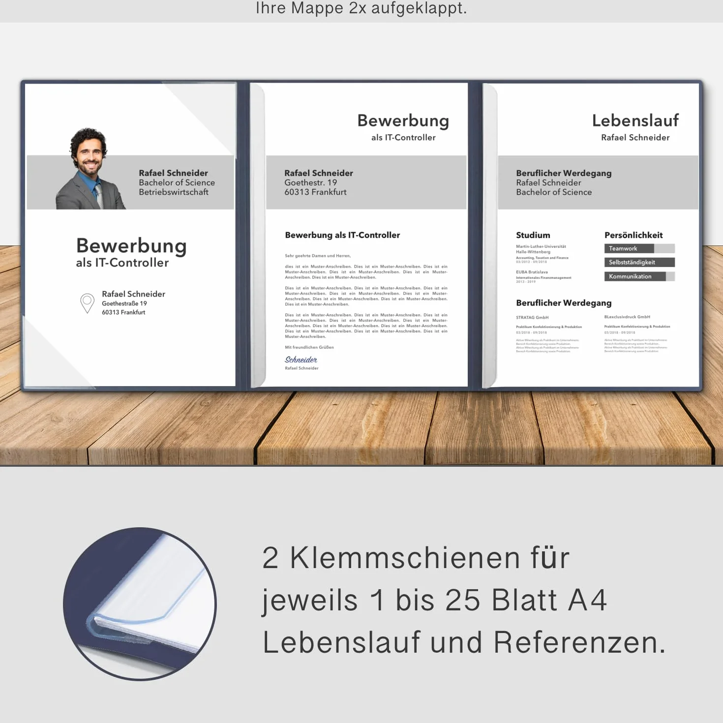 BL-exclusivdruck® Optima-Plus - Cartelline portadocumenti in 3 parti, colore blu navy, qualità premium con elegante rilievo in rilievo "Bewerbung", design del prodotto di Mario Lemani (confezione da