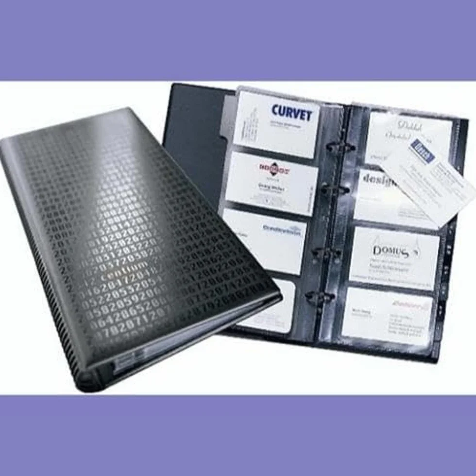 Durable 240301 Visifix Centium, Album Portabiglietti da Visita ad Anelli, Copertina Decorata, 200 Biglietti, Indice Alfabetico 12 Tasti, Ampliabile, 145x255 mm, Nero