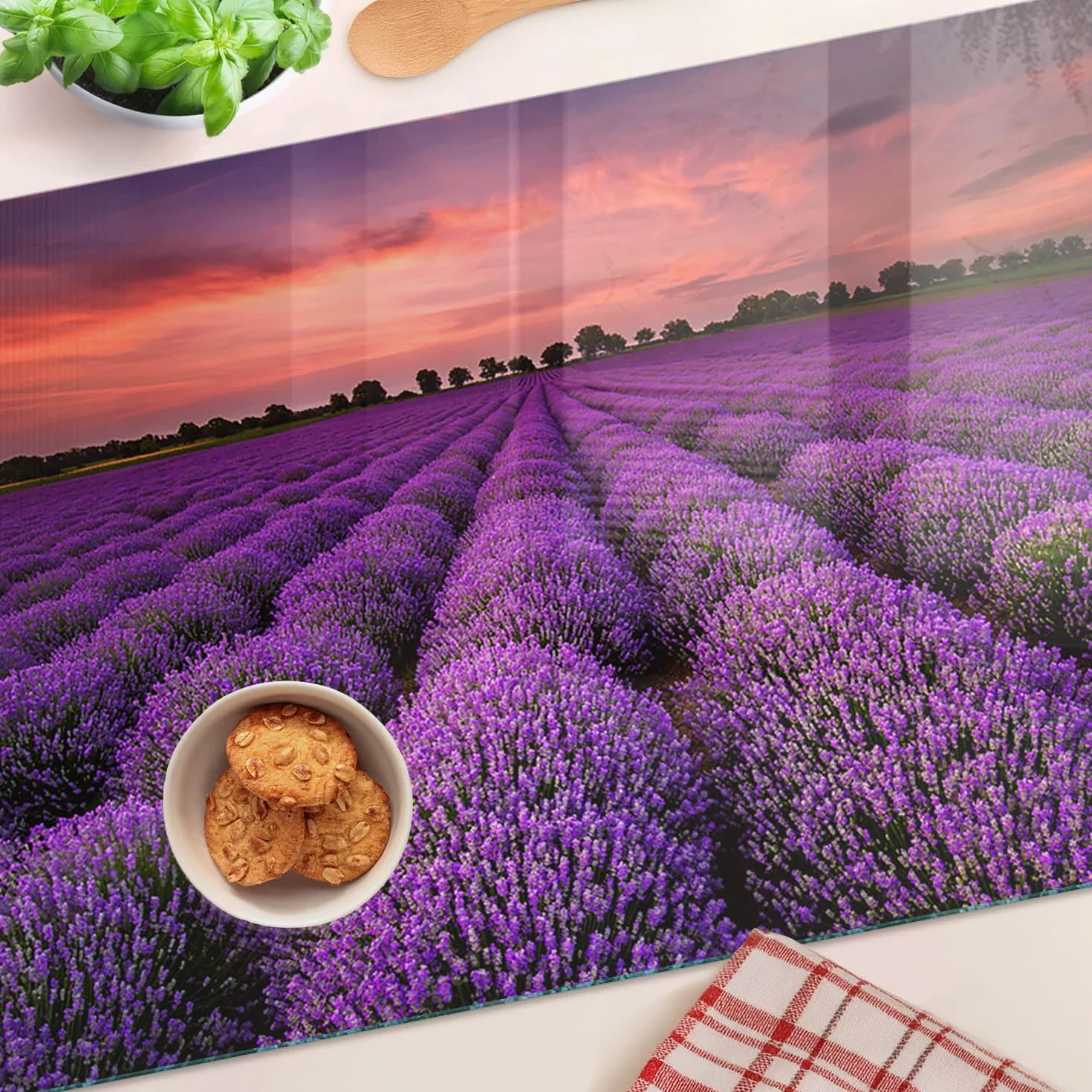Tagliere in Vetro Protezione 80x52 cm Durevole e Igienico Antigraffio Facile da Pulire con Piedini Antiscivolo Rettangolare Resistente al Calore da Cucina con Stampe - Campo di lavanda