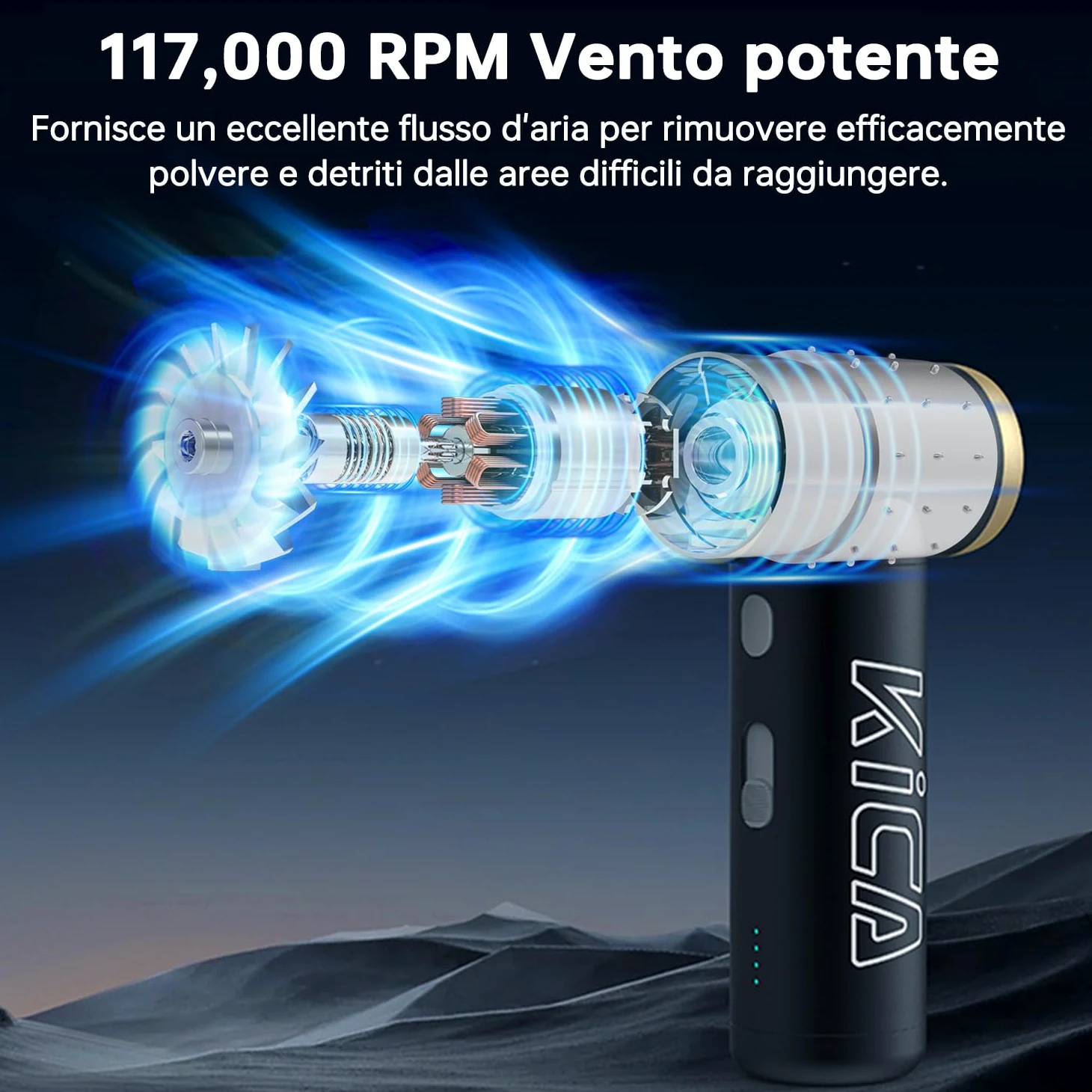 Kica JetFan 2S Aria Compressa Elettrico Air Duster,Spray Aria compressa da 117000RPM con Batteria da 1100mAh,Mini Soffiatore a Velocità Libera, per Tastiera,Pulizia PC,Pulizia della Casa,Nero