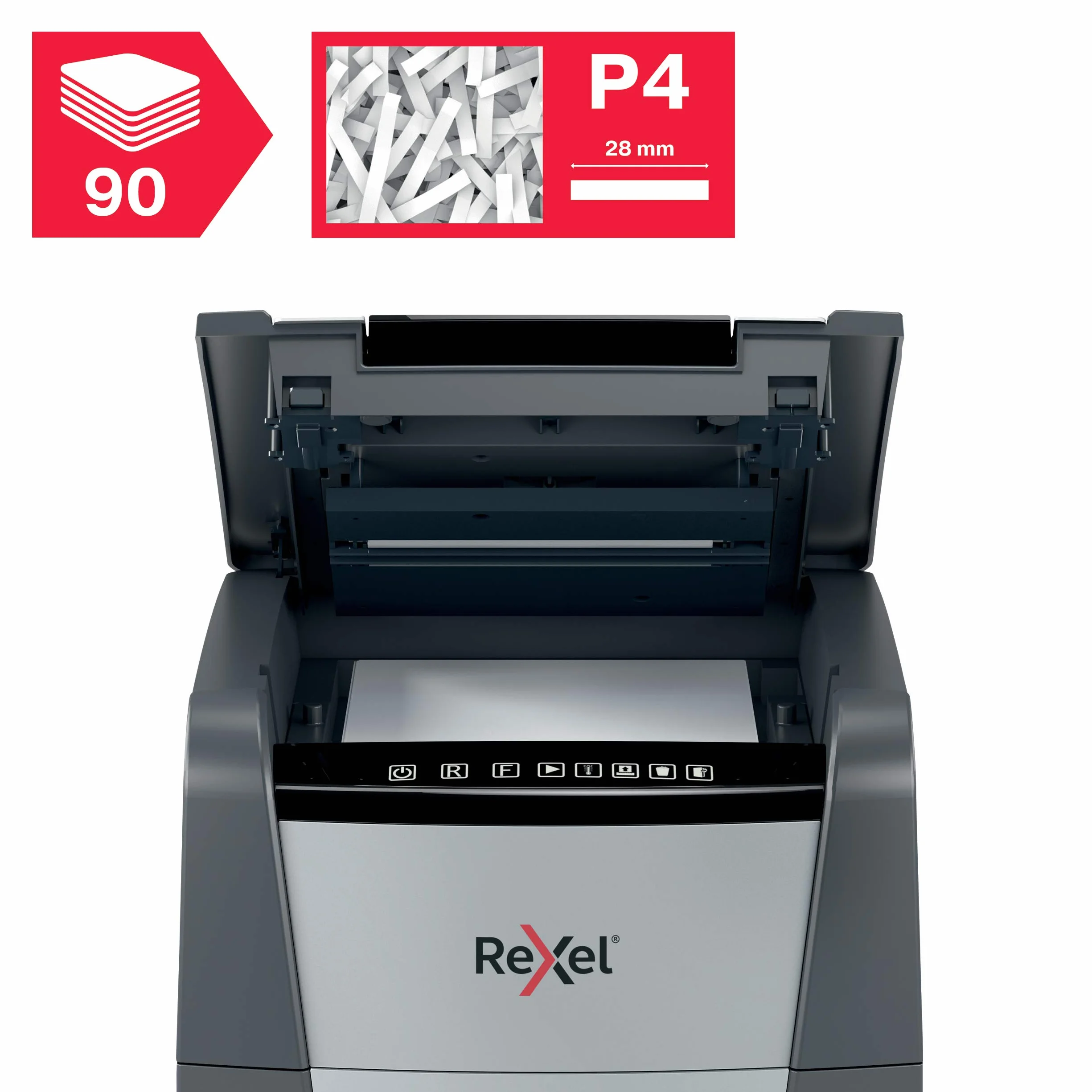 REXEL Optimum Auto Feed+ 90X, Distruggi documenti Automatico, 90-99 Fogli (80-70 gr/mq), Taglio a Frammento, Livello di Sicurezza P-4, per la Casa e per l'Ufficio, Capacità 34 Litri, 2020090XEU