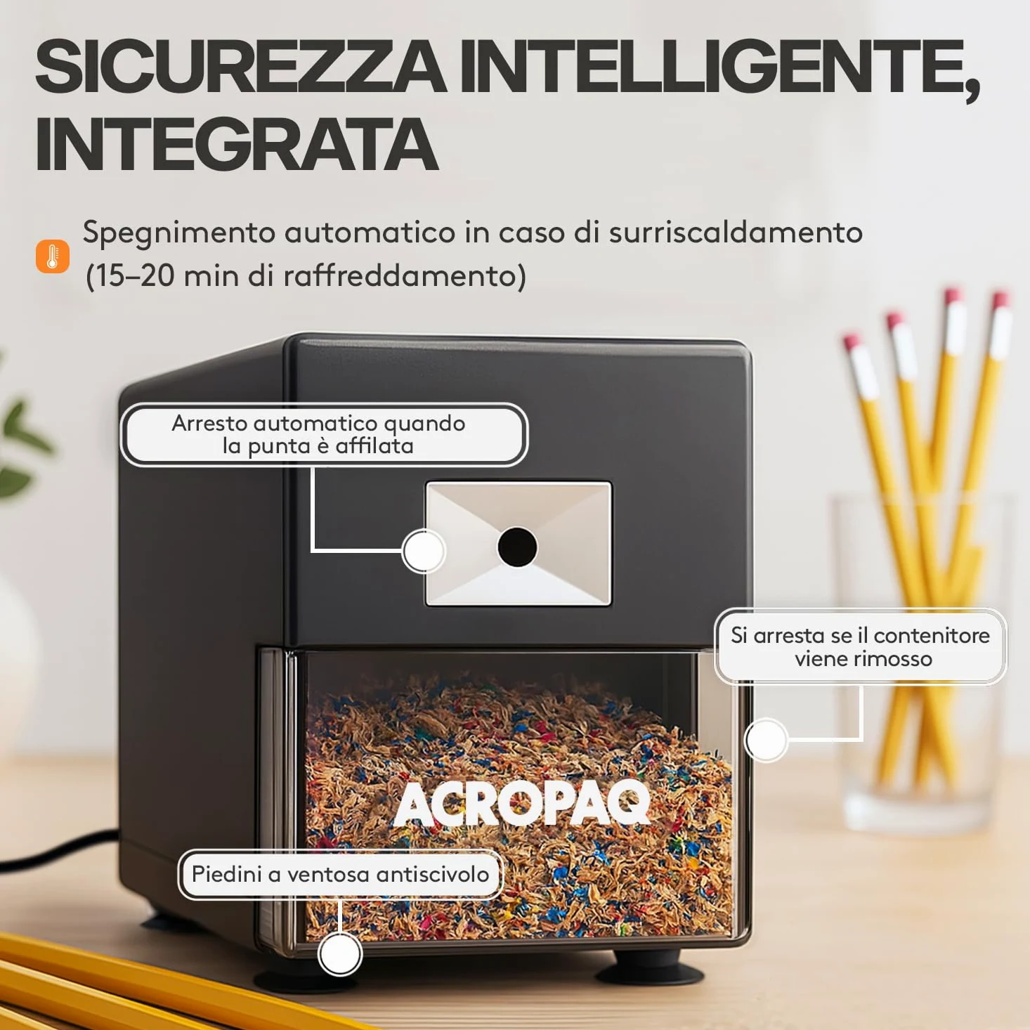 ACROPAQ Temperamatite - Professionale con serbatoio, Appuntalapis automatico con protezione surriscaldamento - Temperino elettrico