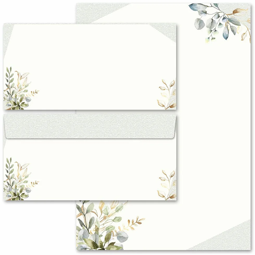 Set completo Fiori & Petali, RAMI VERDI 10 fogli carta da lettera e 10 buste DIN LANG
