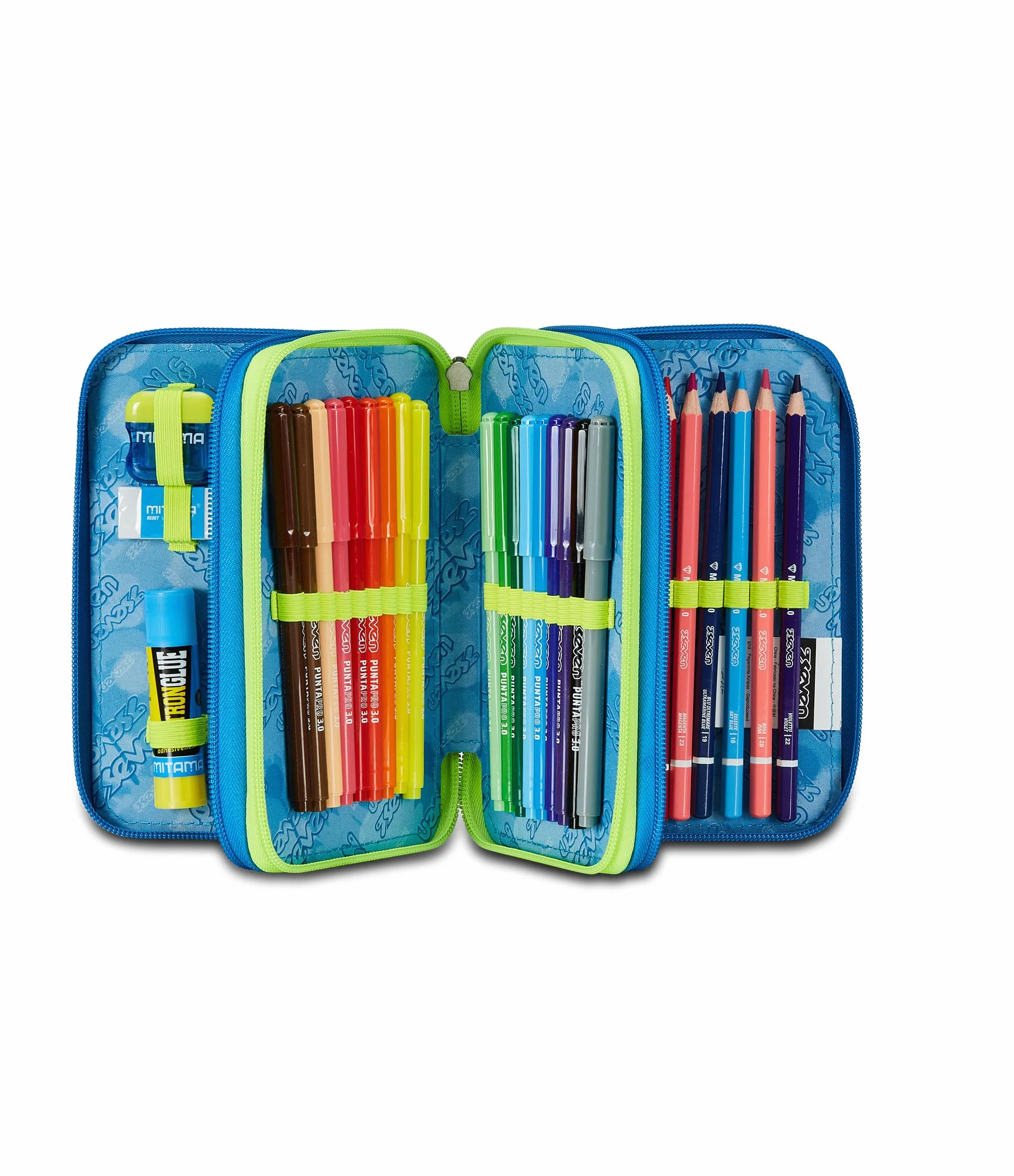 Seven Astuccio Scuola Elementare, 3 scomparti, Medie, con Matite, Pennarelli, Penne, 3 Zip, Uneven Line, Bambino e Ragazzo, blu