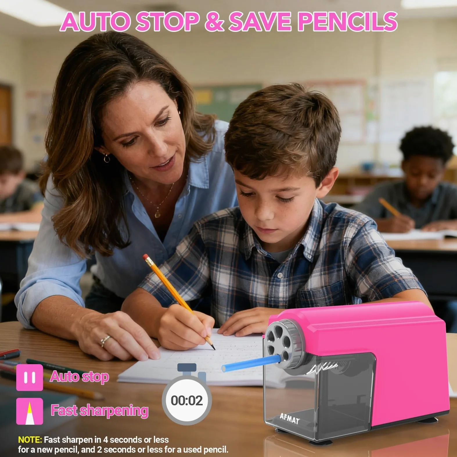 AFMAT Temperamatite elettrico resistente, 6 fori per matite da 6-11 mm e matite colorate 10000 volte, temperamatite da scrivania USB, arresto automatico con contenitore, scuola, insegnanti, bambini