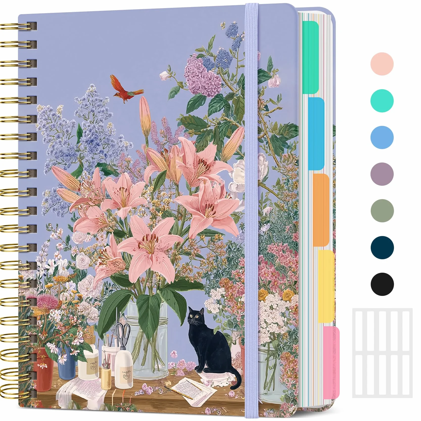Taccuino grande a spirale per lavoro con divisori e linguette, 21,6 x 27,9 cm, copertina rigida, 5 soggetti, a righe, 280 pagine, Silent Bloom