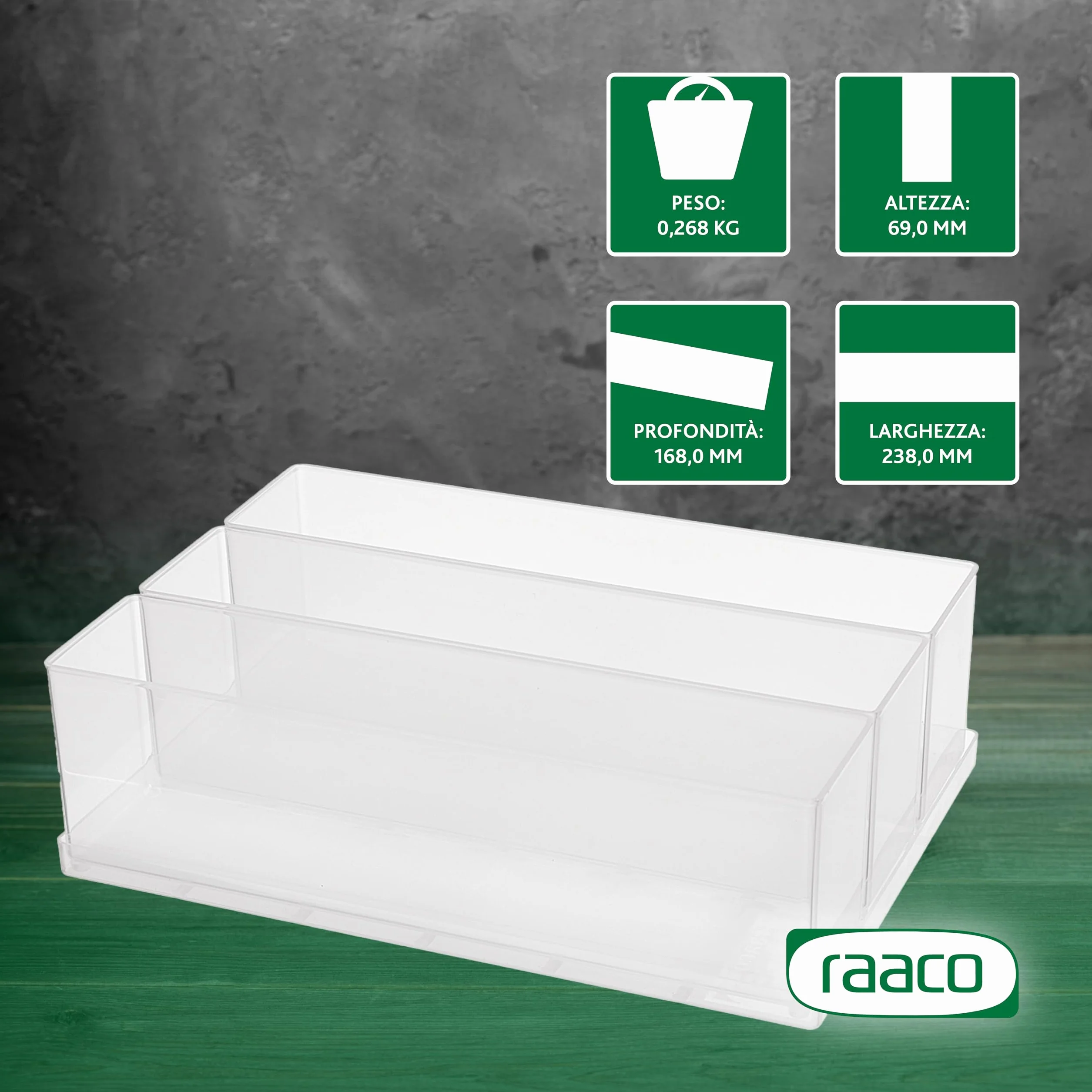 raaco Scatola portaoggetti 80 3xBA8-3, vassoio con 3 inserti, trasparente, 16,8 x 23,8 x 6,9 cm