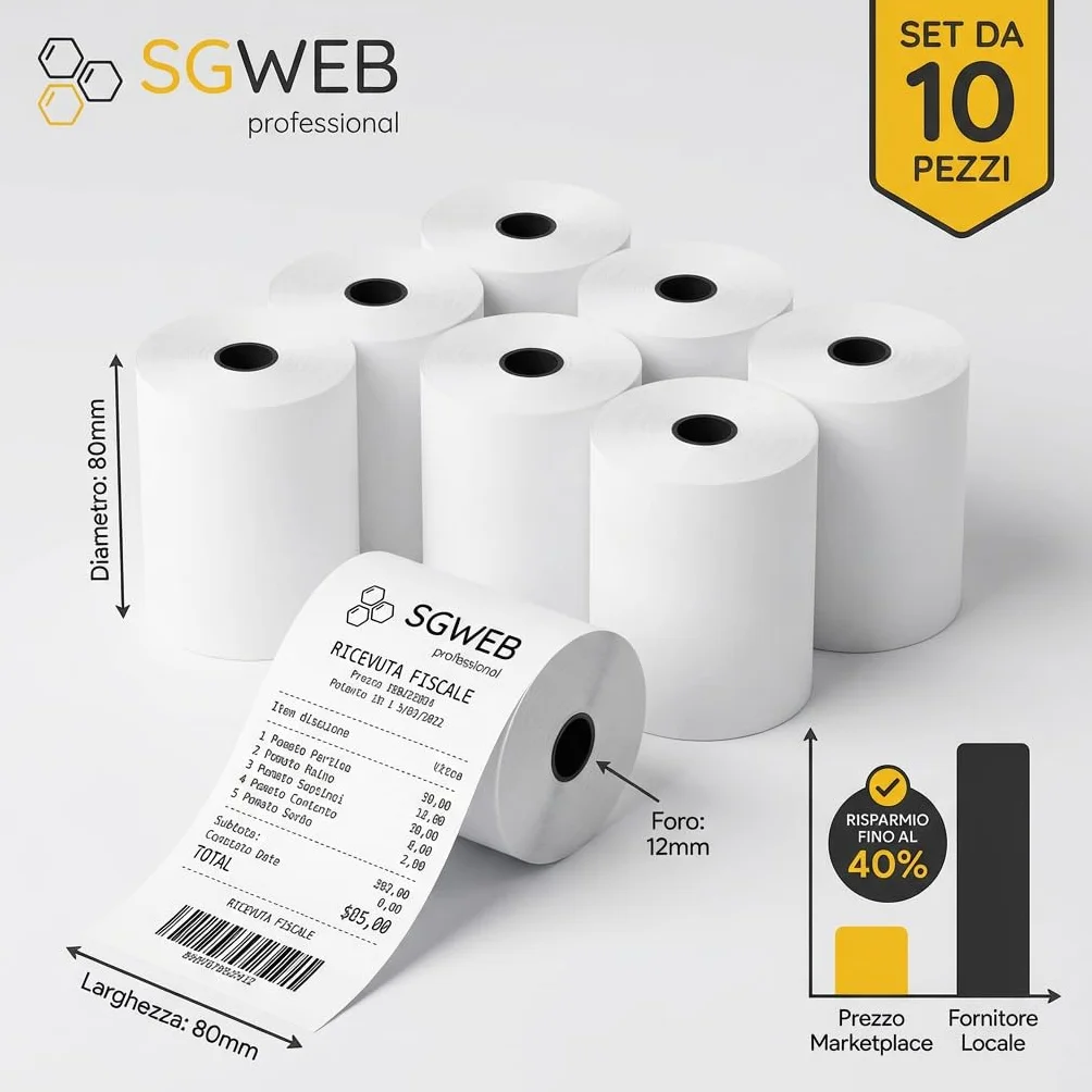 Rotoli Carta Termica 80x80 per Registratore di Cassa Fiscale 10-Pack - Rotolo Scontrini Stampante Termica POS, Foro 12 mm, Senza BPA