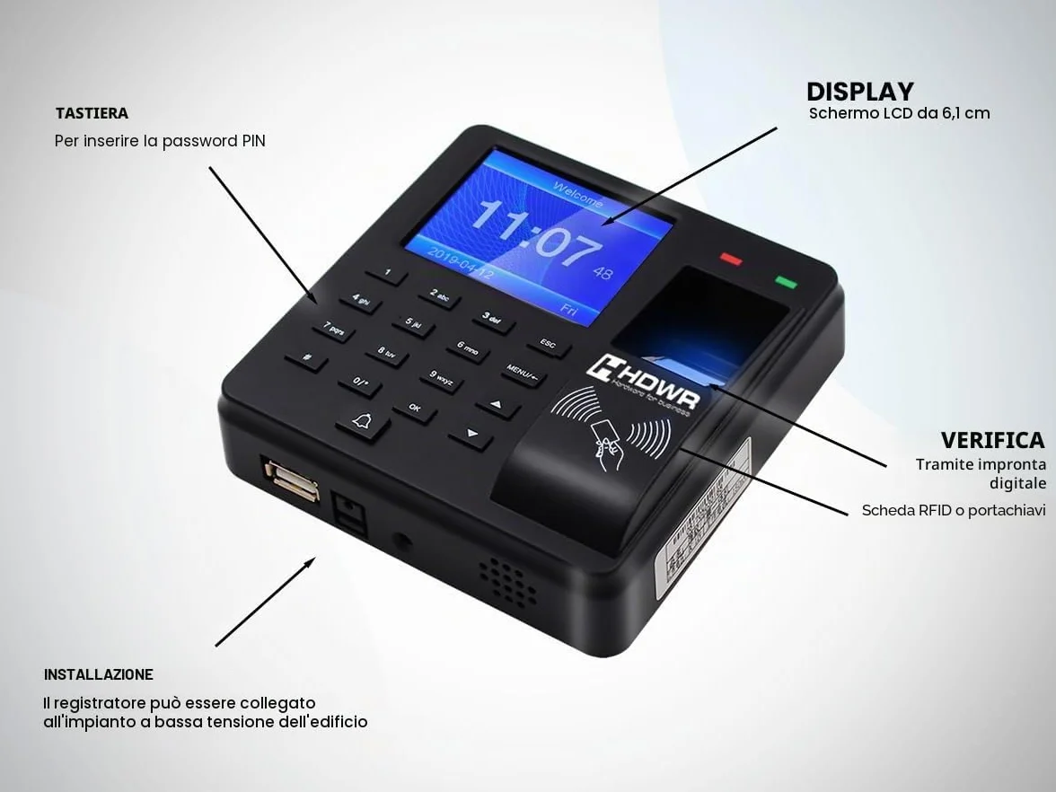 HDWR CTR10 Macchina di Registrazione, Sistema Avanzato di Rilevazione delle Presenze - Biometrico, RFID, Verifica con Password - 1000 Dipendenti, Controllo degli Accessi