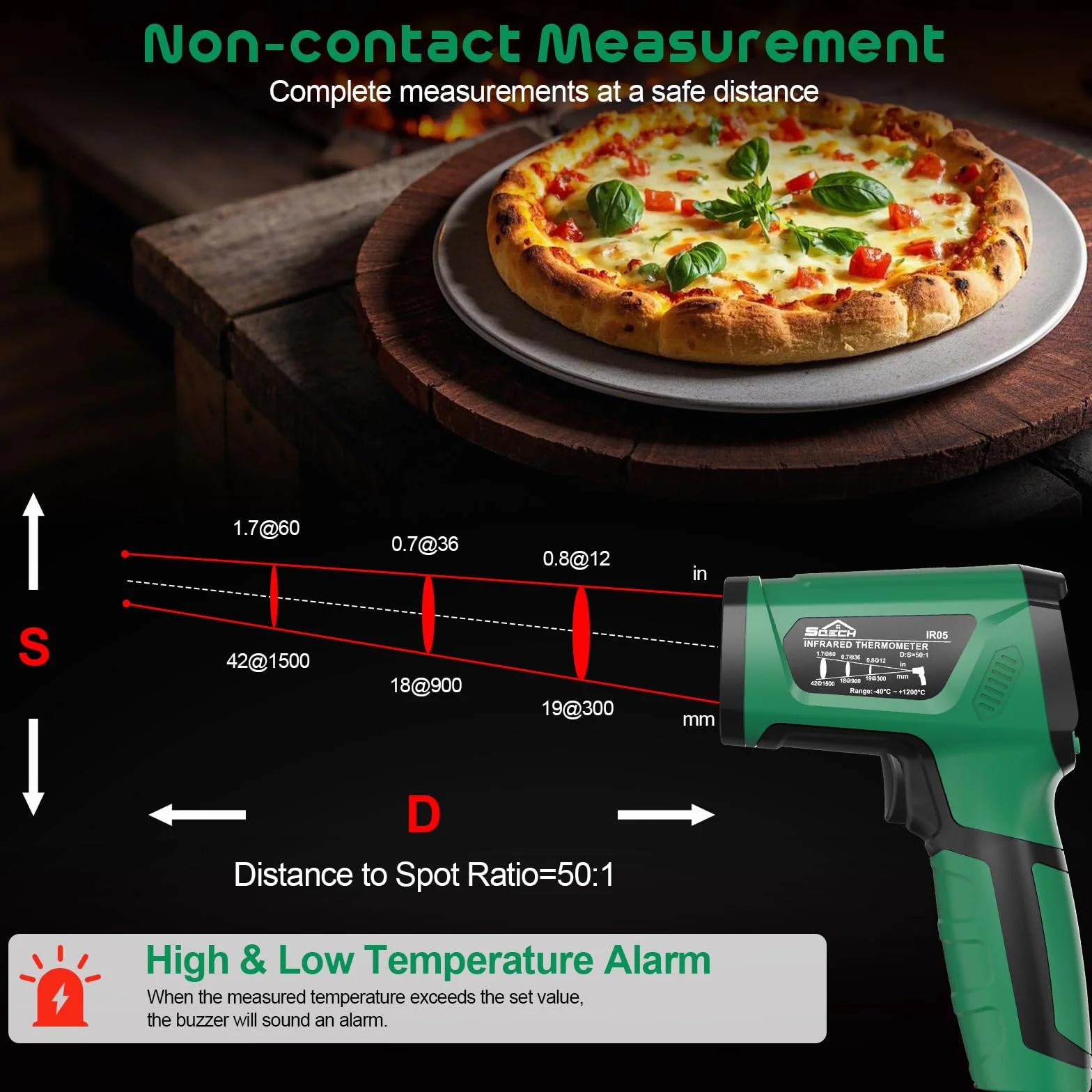 SQECH Termometro Infrarossi Laser -40℃～1200℃ 50:1 con Sonda Termocoppia Emissività Regolabile