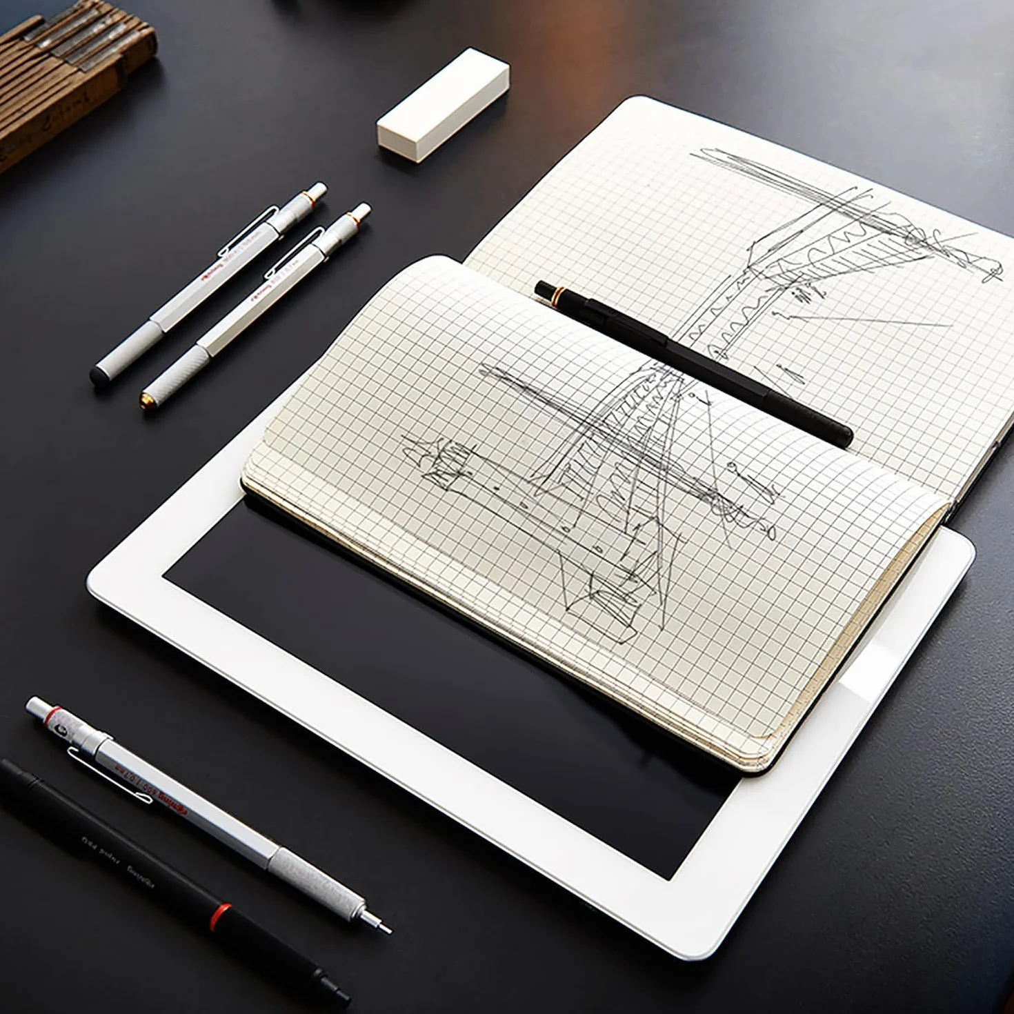 rOtring 800+ matita meccanica e stilo touchscreen | Twist-to-Retact HB 0,7 mm Propelling Pencil | 2 x 12 HB 0,7 m mine | Gomma B20