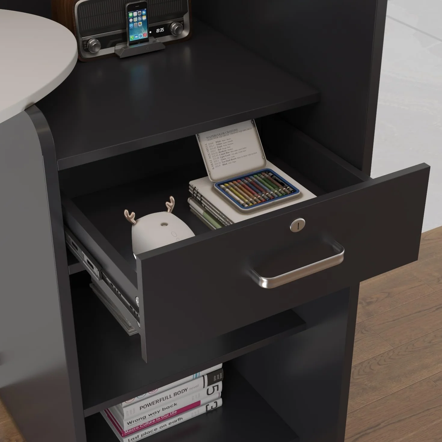 Banco reception,reception tavolo bancone, Banco reception con ripiano aperto e 1 cassetto con serratura, banco reception ufficio bancone, MDF, 40 x 121 x 110cm, Bianco, Grigio Scuro